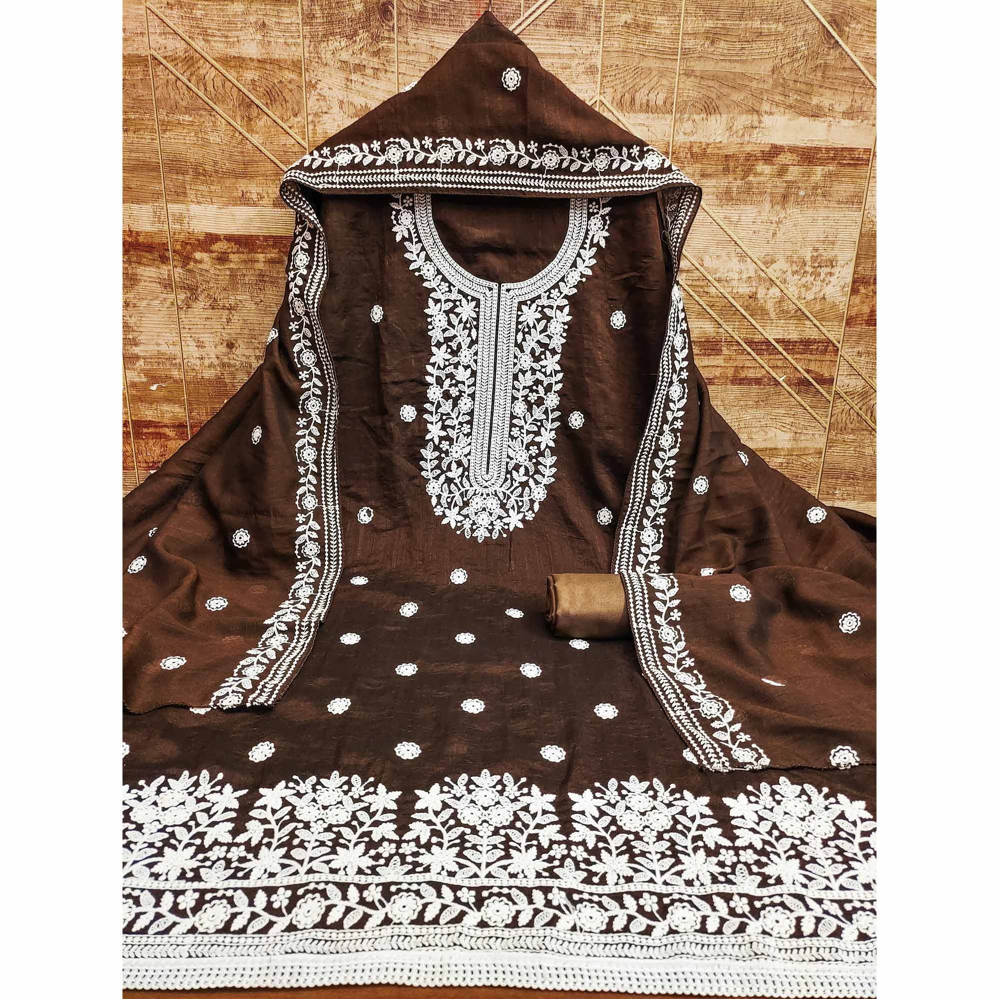 Peachmode Brown Floral Embroidered Vichitra Silk Dress Material - view 3