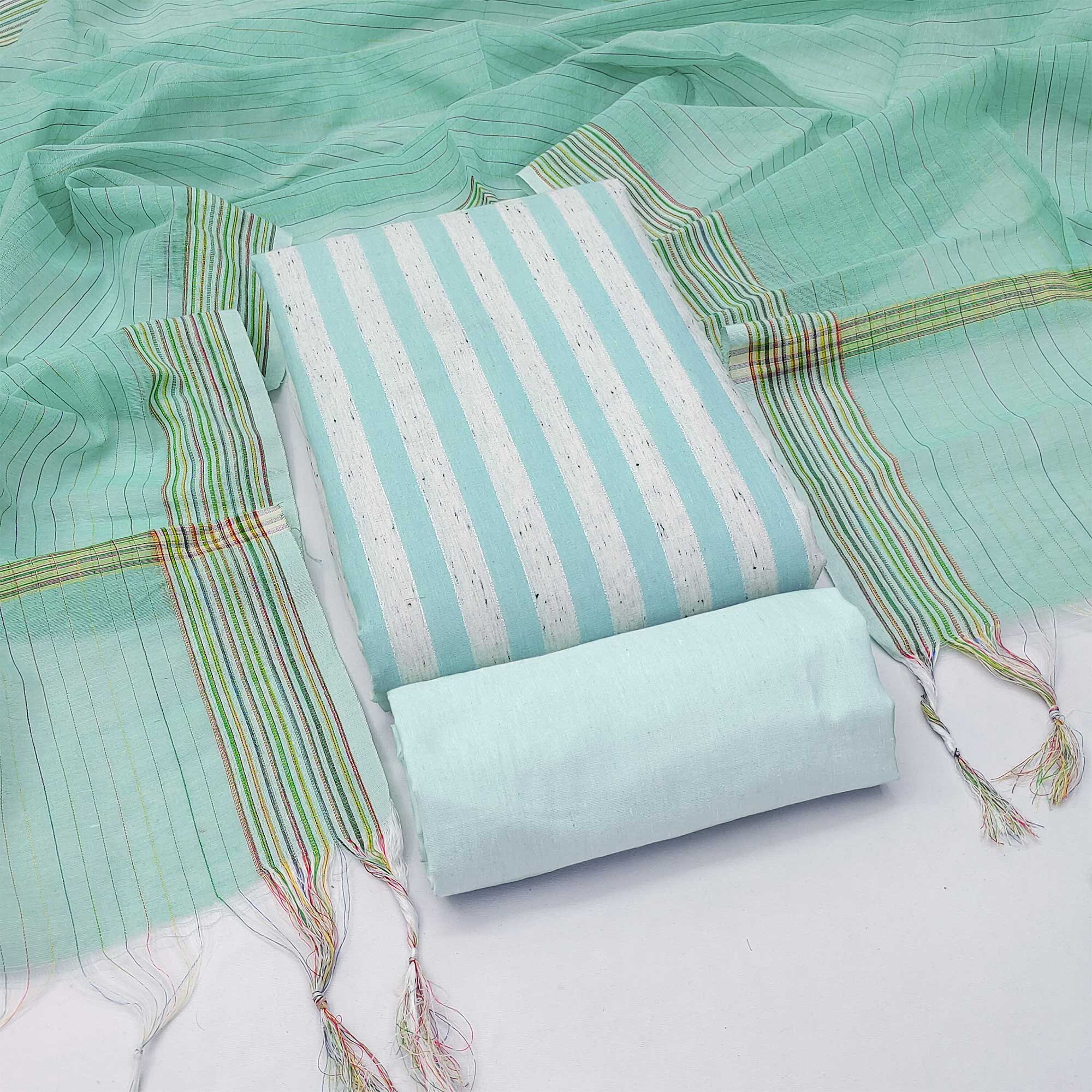 Peachmode Firozi Striped Printed With Woven Cotton Blend Dress Material