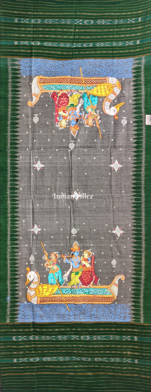 IndianVillèz Gray Green Radha Krishna Cotton Pattachitra Dupatta