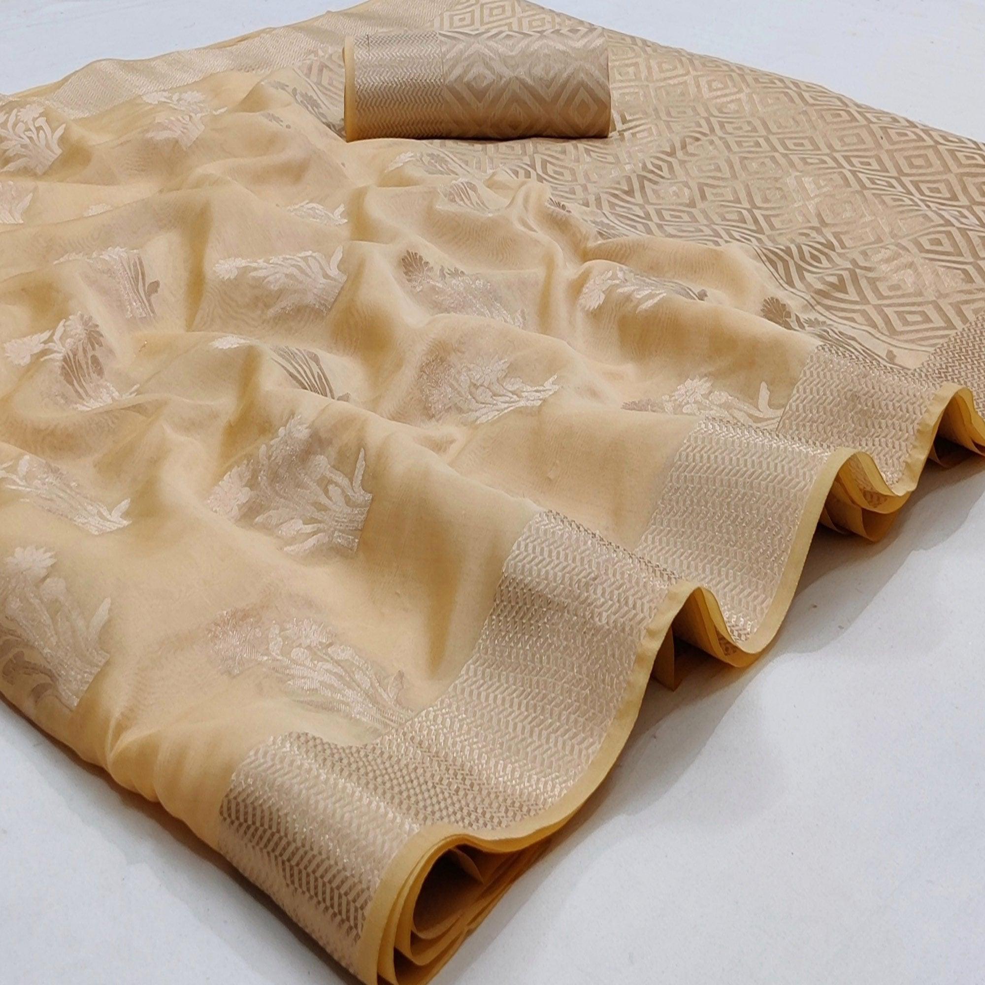 Peachmode Chikoo Festive Wear Floral Woven Silk Saree