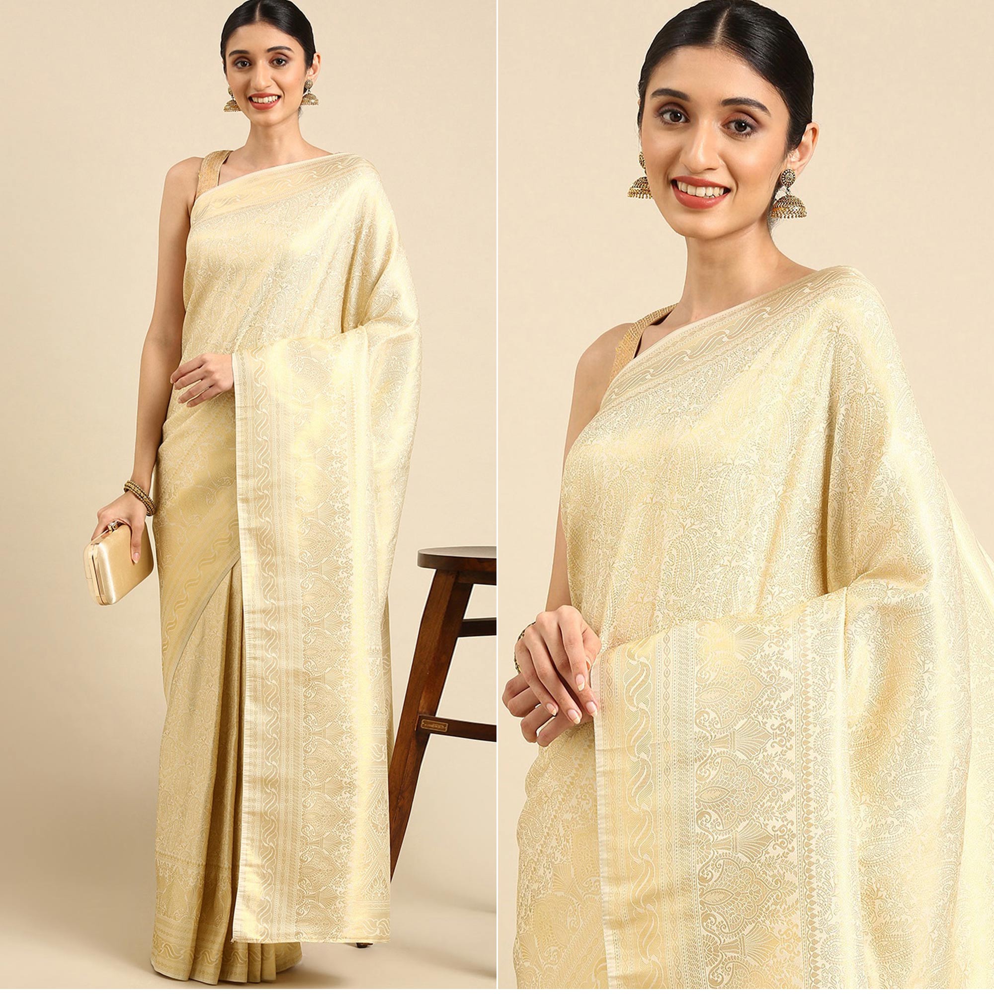 Peachmode Cream Woven Kanjivaram Silk Saree – Women's