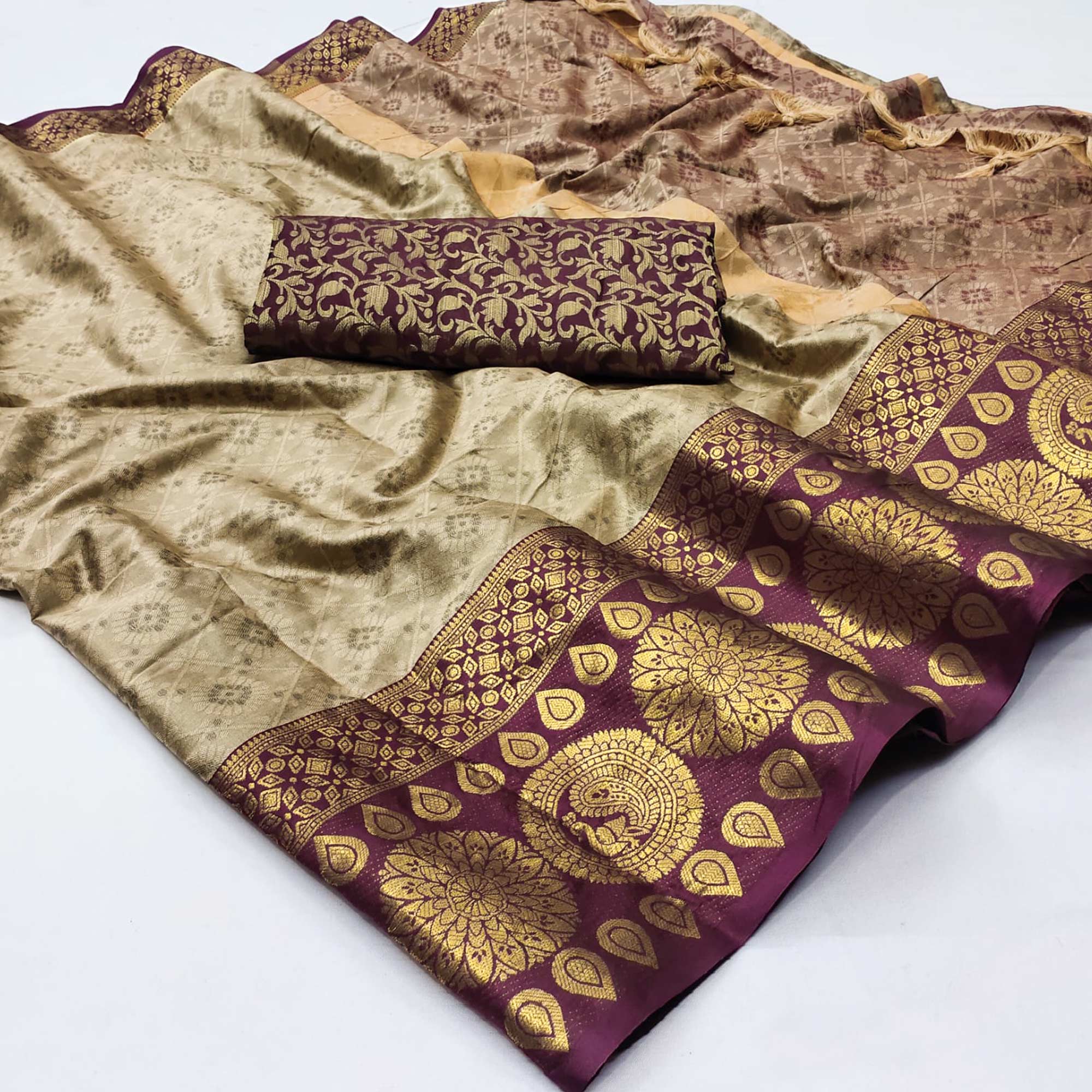 Peachmode Chikoo Woven Cotton Silk Saree With Tassels