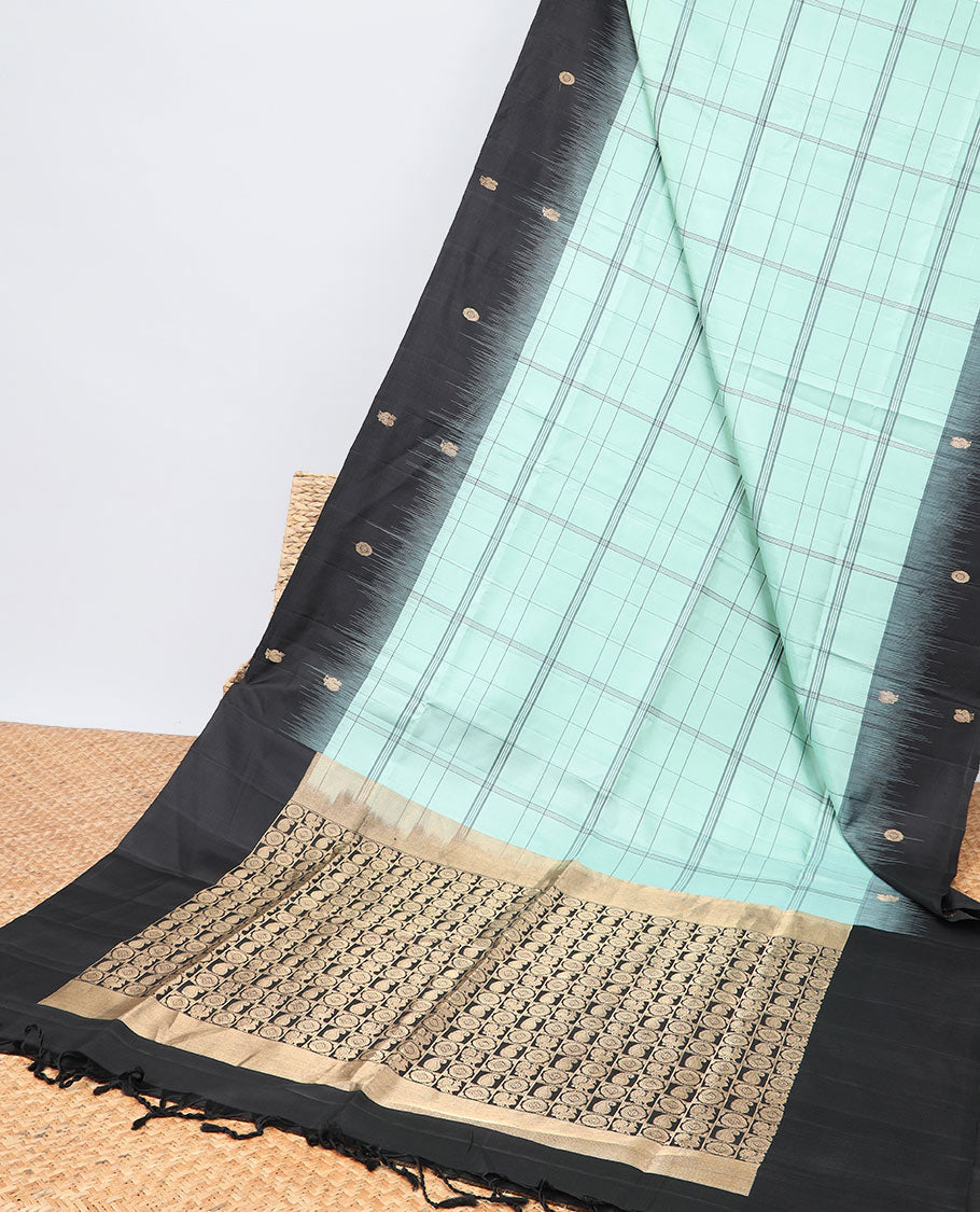 Pothys Green checked mayuri soft silk saree with contrast floral border & checked zari design pallu