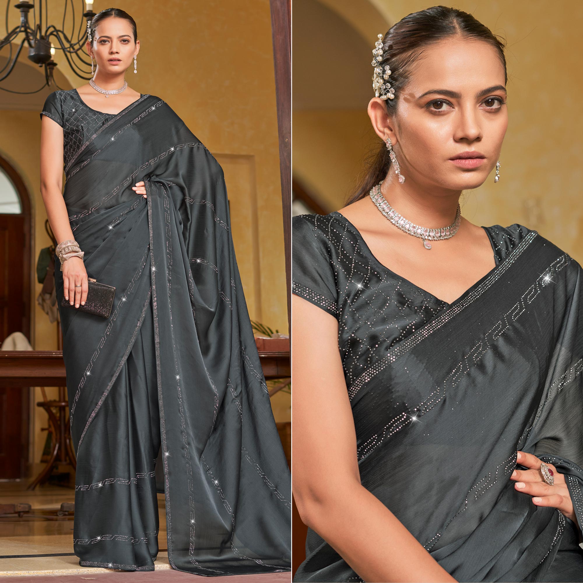Peachmode Grey Swarovski Work Georgette Saree