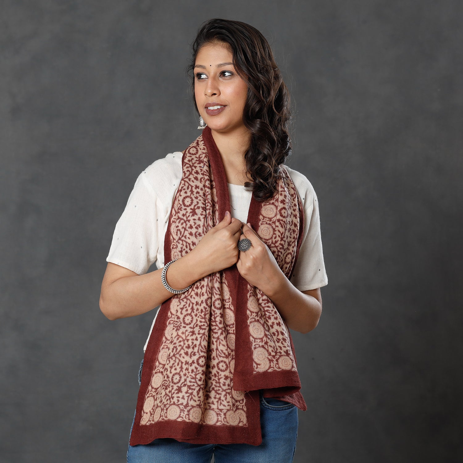 BAGH PRINTS BY MOHAMMED BILAL KHATRI Brown - Bagh Block Printed Natural Dyed Woolen Muffler (61 in) - view 2