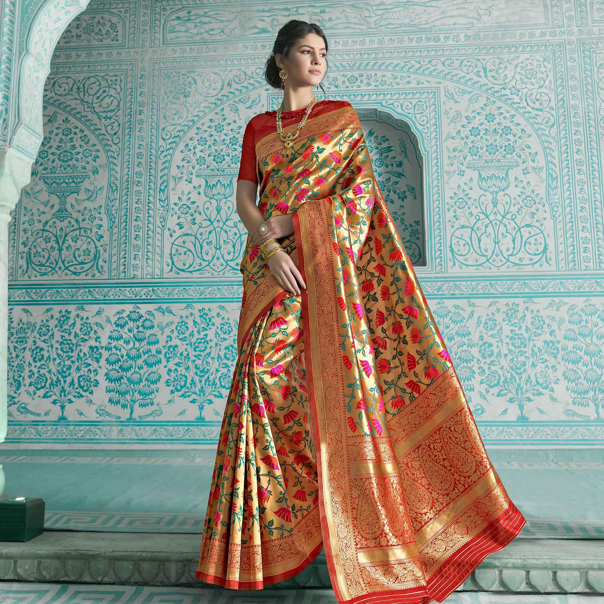 Peachmode Desirable Golden-Orange Colored Festive Wear Woven Paithani Banarasi Silk Saree