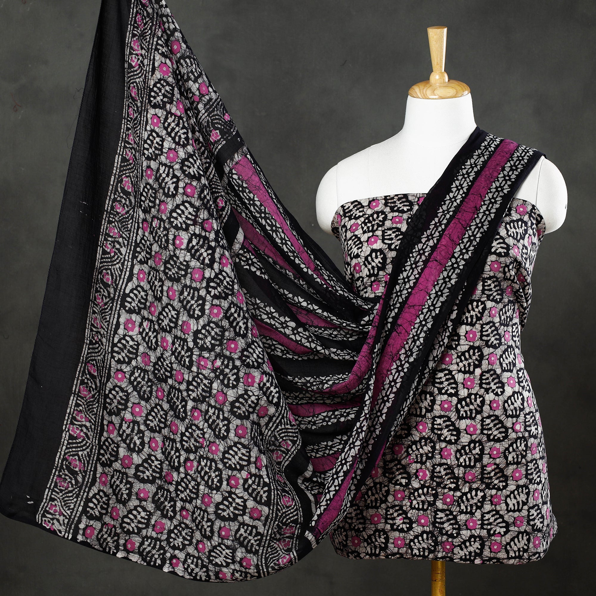 KACHCHH JI CHHAAP Black - 3pc Cotton Kutch Batik Print Dress Material 05