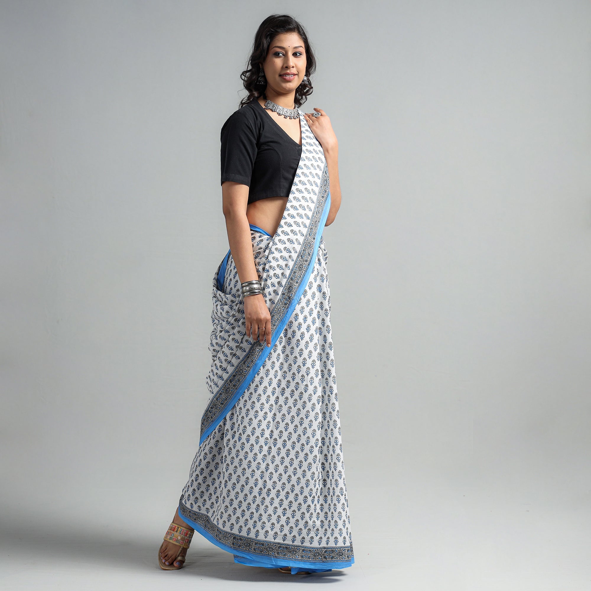 SANTOSH KUMAR DHANOPIA Blue - Block Printed Mul Cotton Sanganeri Saree - view 2