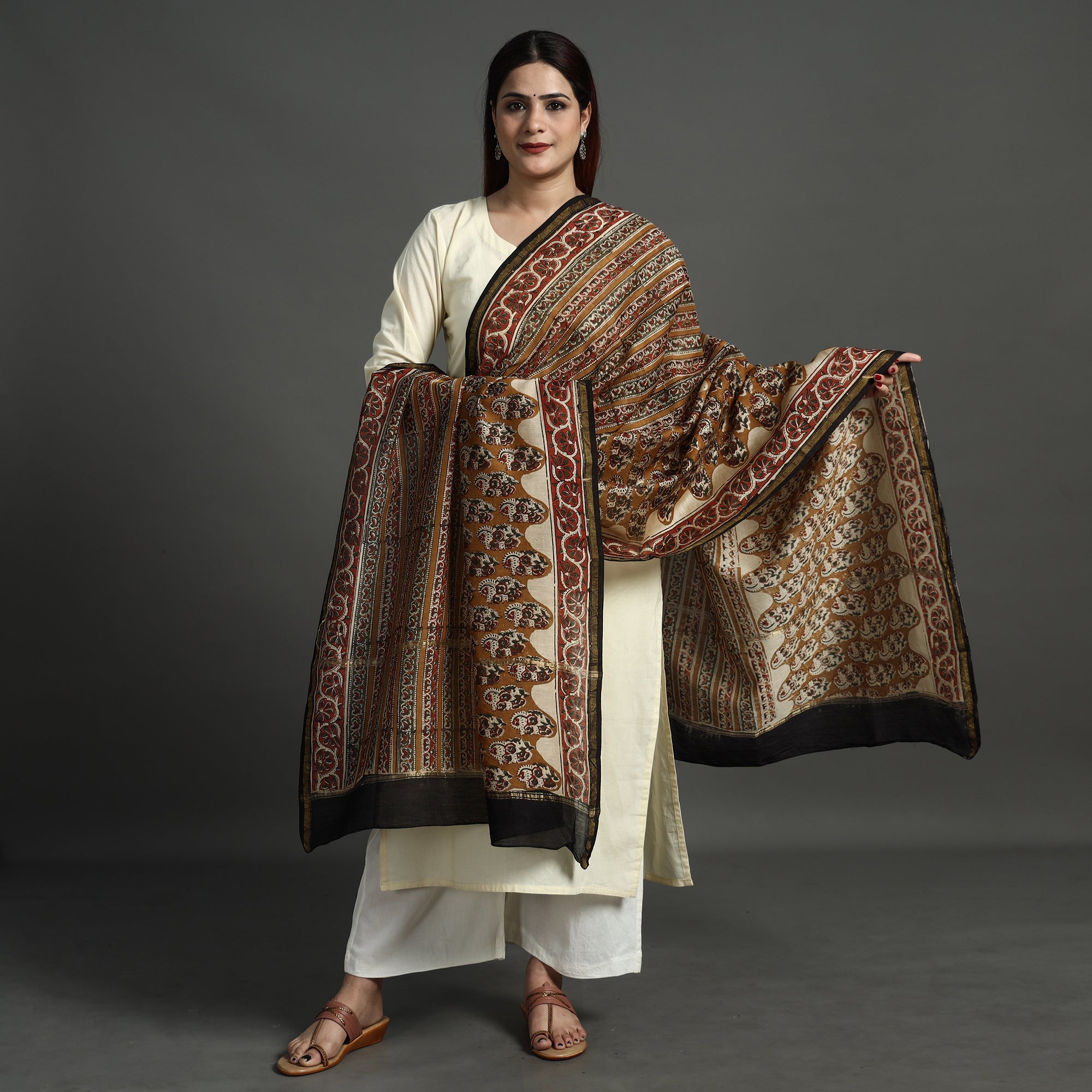 HAVELI CHRONICLES Brown - Block Print Chanderi Silk Kalamkari Bagru Dupatta 139 - view 2