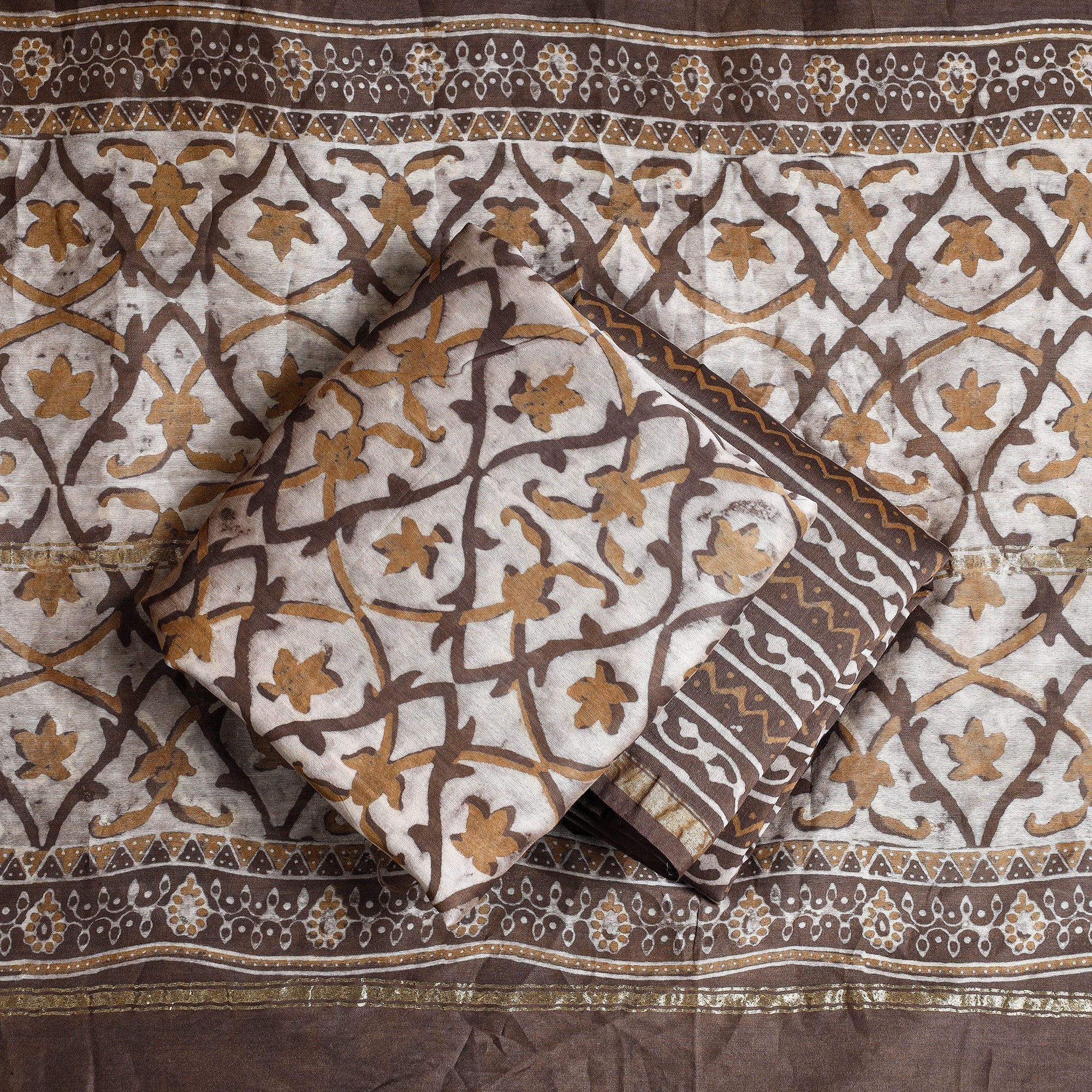 HAVELI CHRONICLES Brown - 3pc Akola Block Printed Chanderi Silk Suit Material Set - view 2