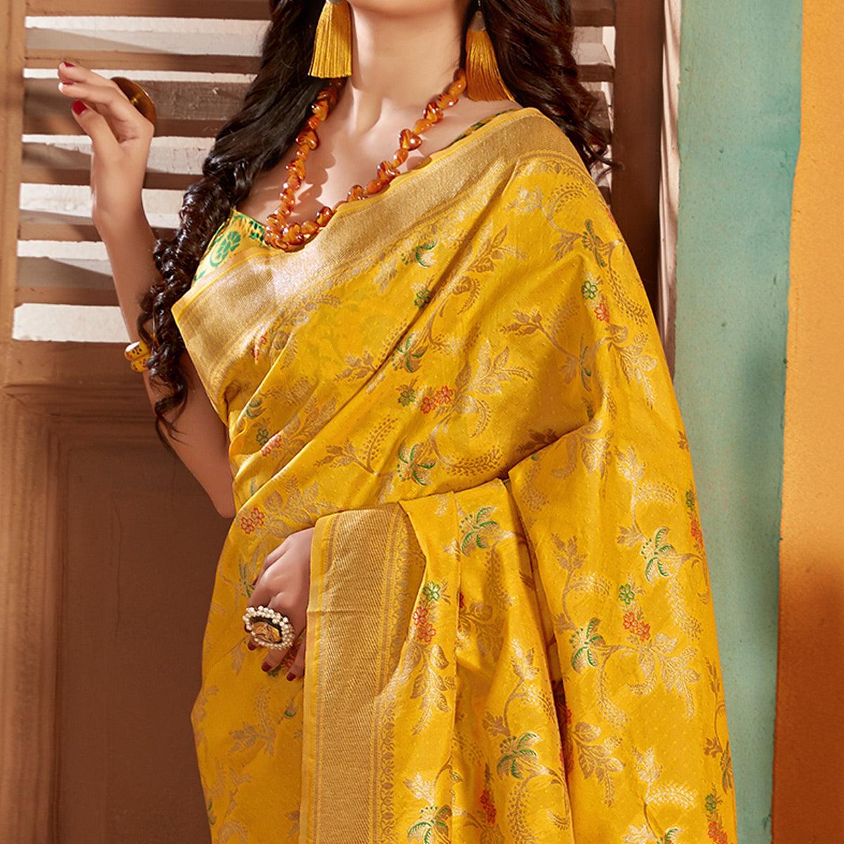 Peachmode Classy Yellow Colored Festive Wear Woven Silk Saree - view 2