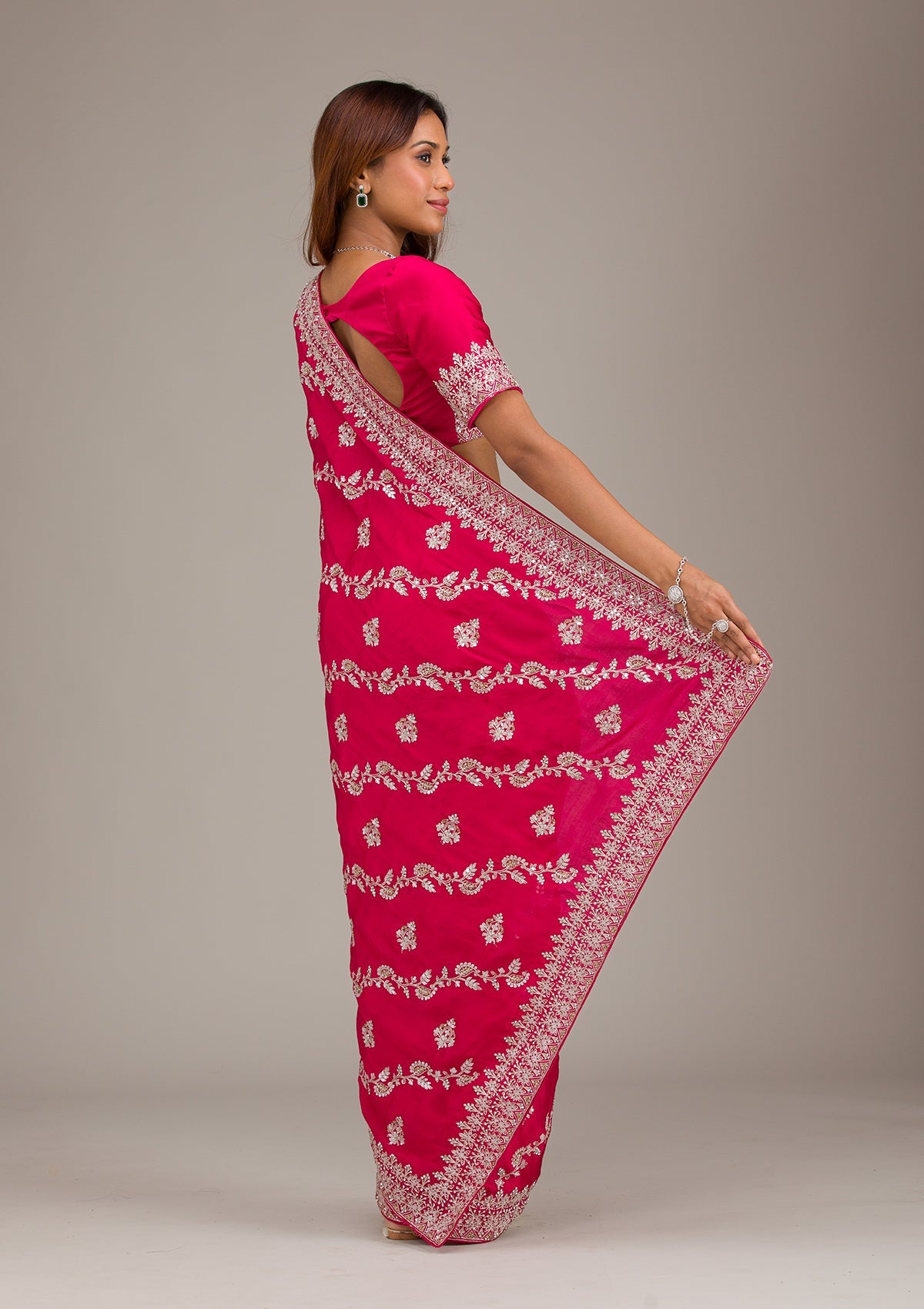 Koskii Rani Pink Threadwork Satin Saree – Women's - view 2