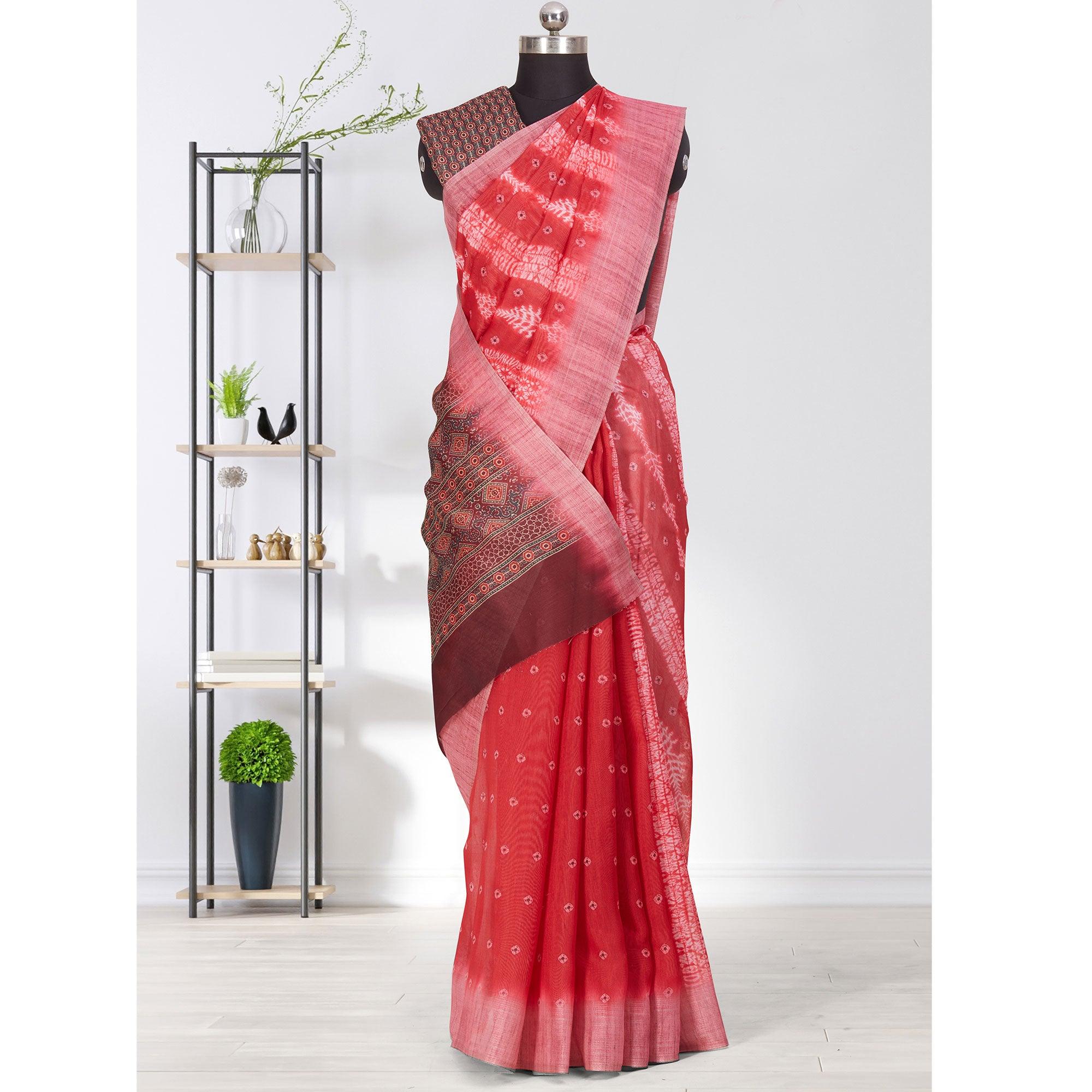 Peachmode Jazzy Pink Coloured Casual Wear Printed Linen Saree - view 3