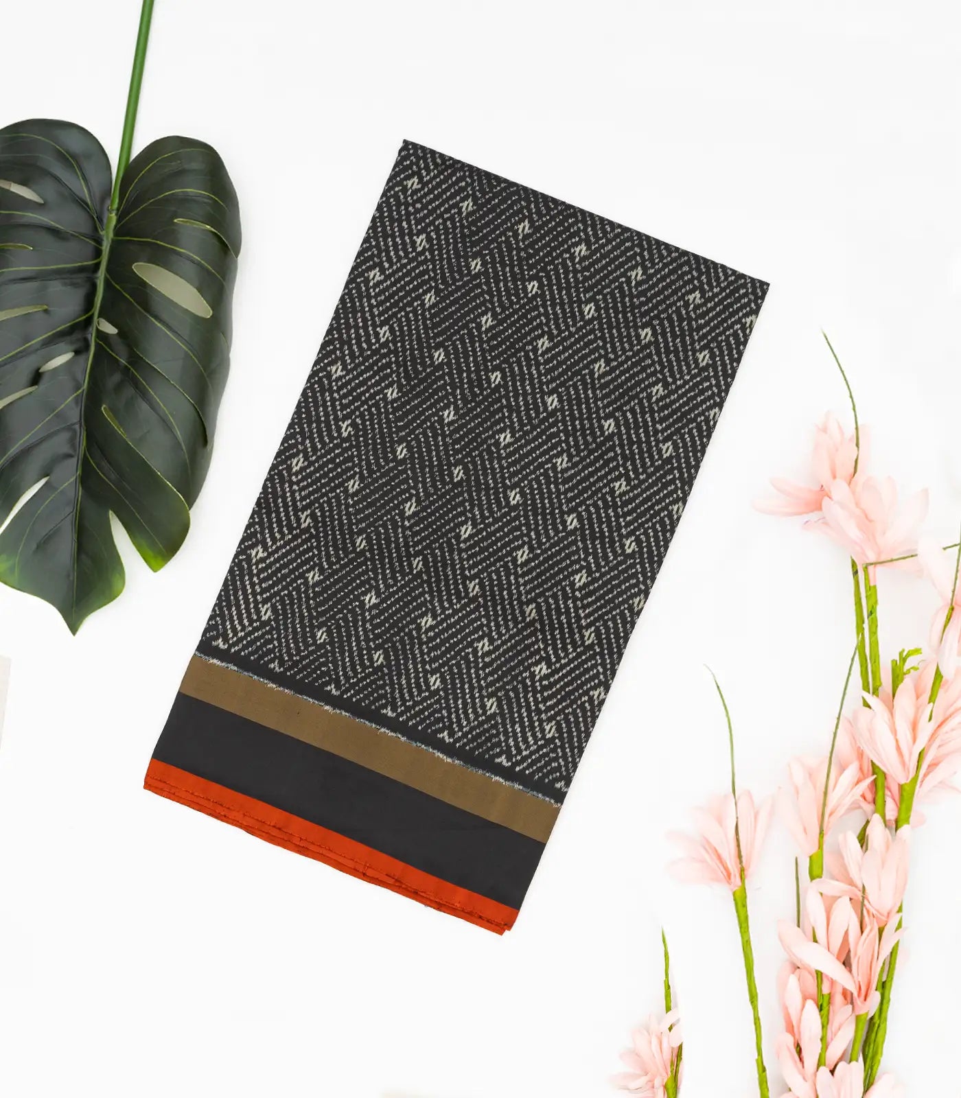 RmKV Black Handloom Ikat Silk Saree With Broken Stripes