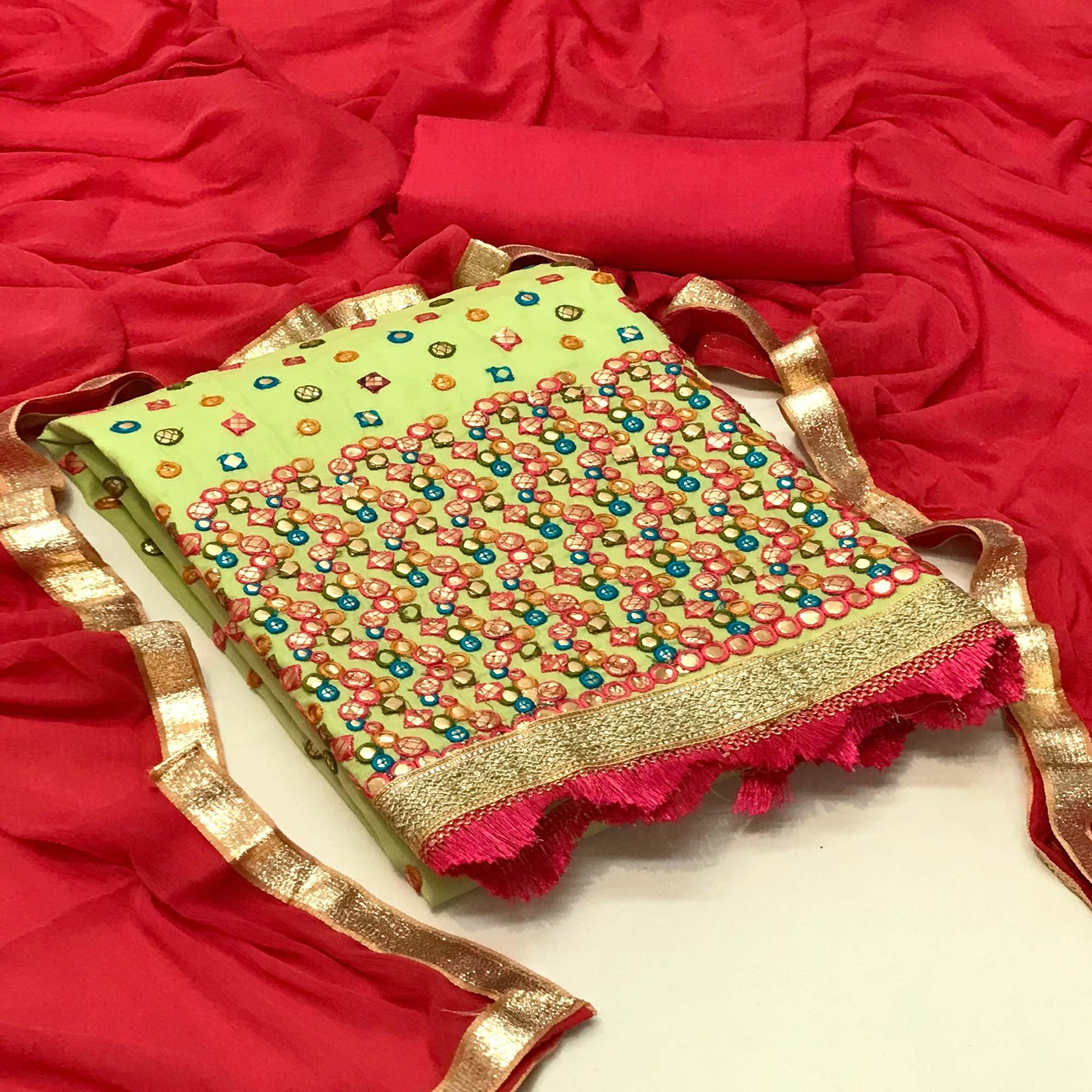 Green dresses – BlackTree green-festive-wear-embroidery-with-embellished-cotton-dress-material-140868