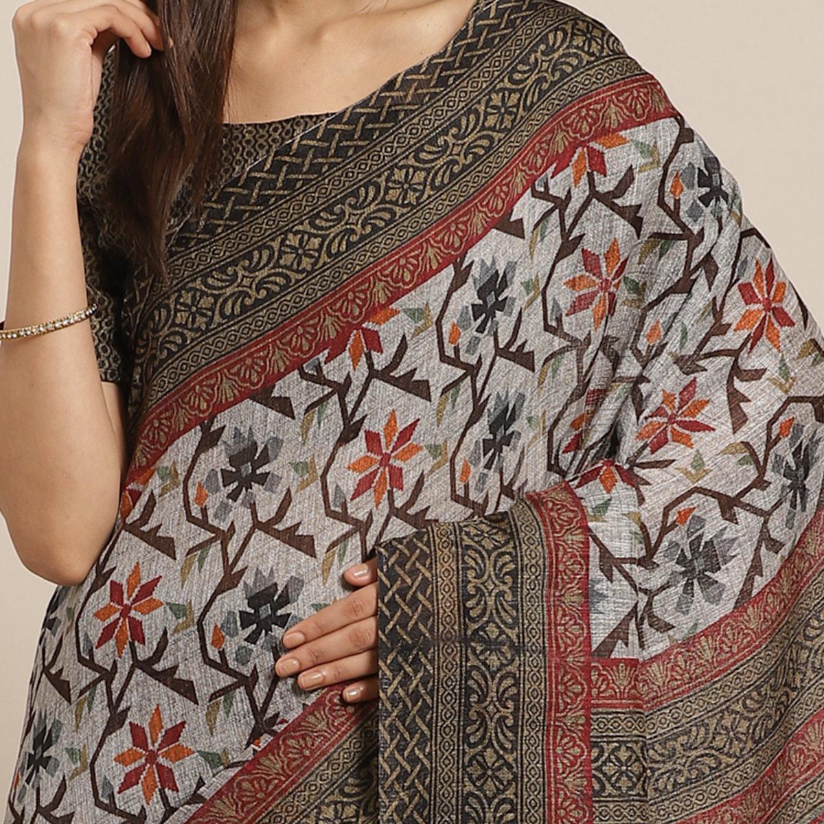 Peachmode Intricate Grey - Black Colored Casual Wear Printed Silk blend Saree - view 2