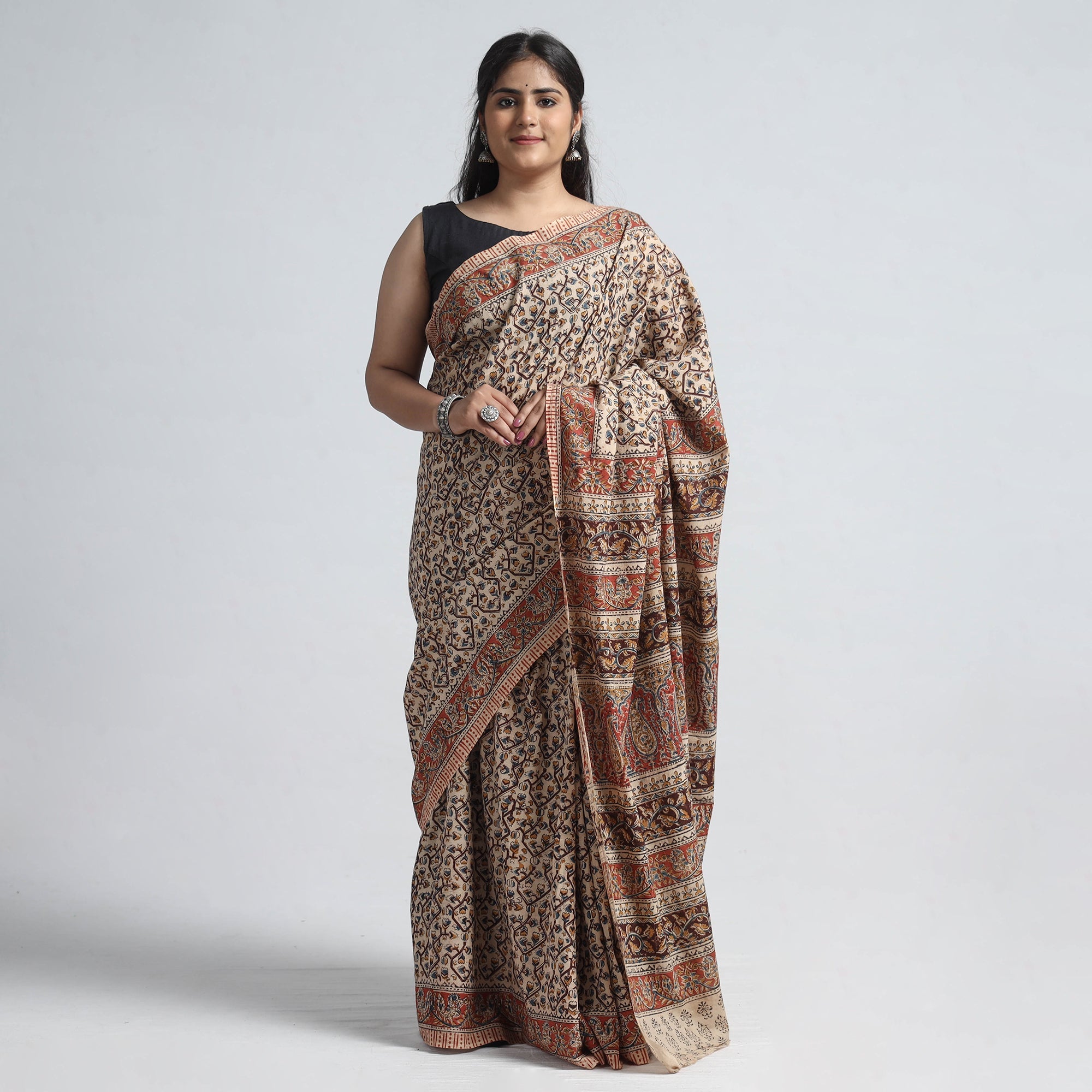 VENKATA BHANU KALAMKARI PEDANA Brown - Pedana Block Print Cotton Kalamkari Saree