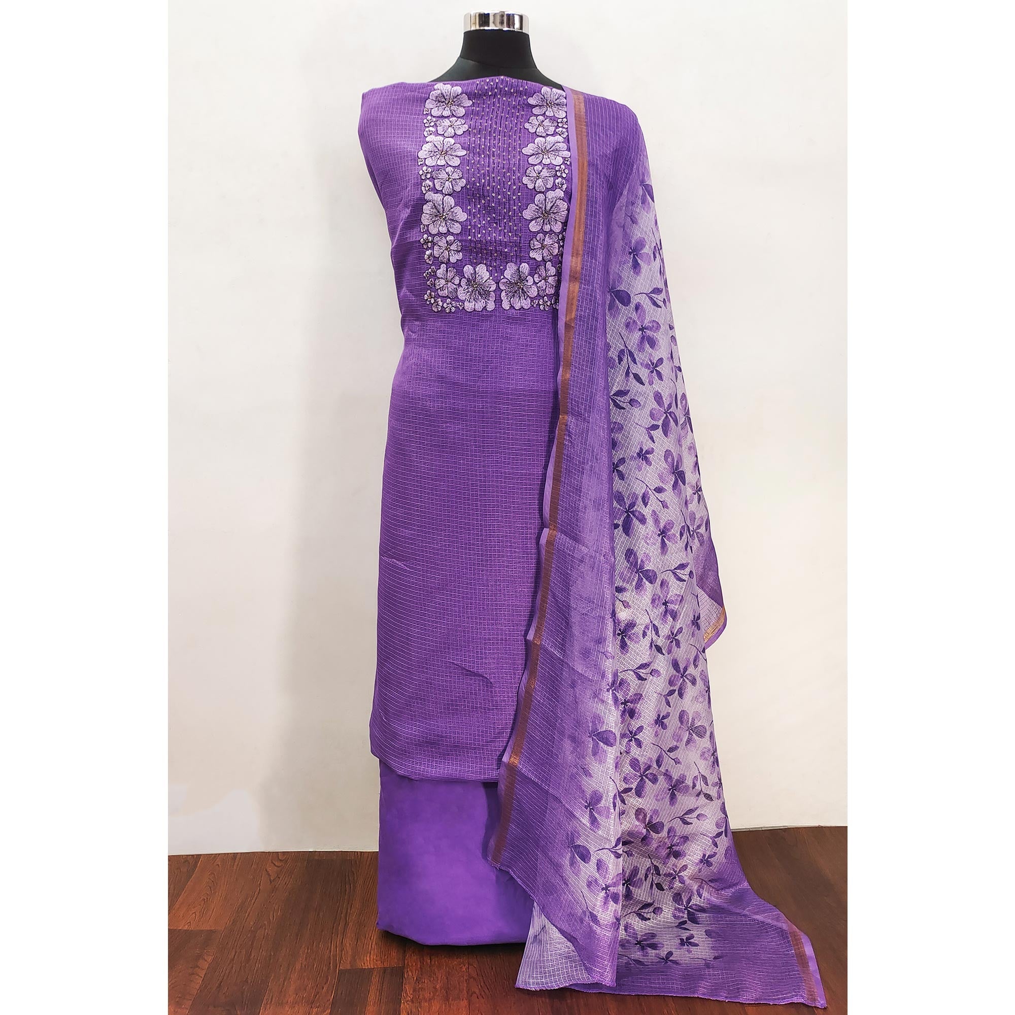 Peachmode Lavender Floral Embroidered Kota Doria Dress Material - view 3