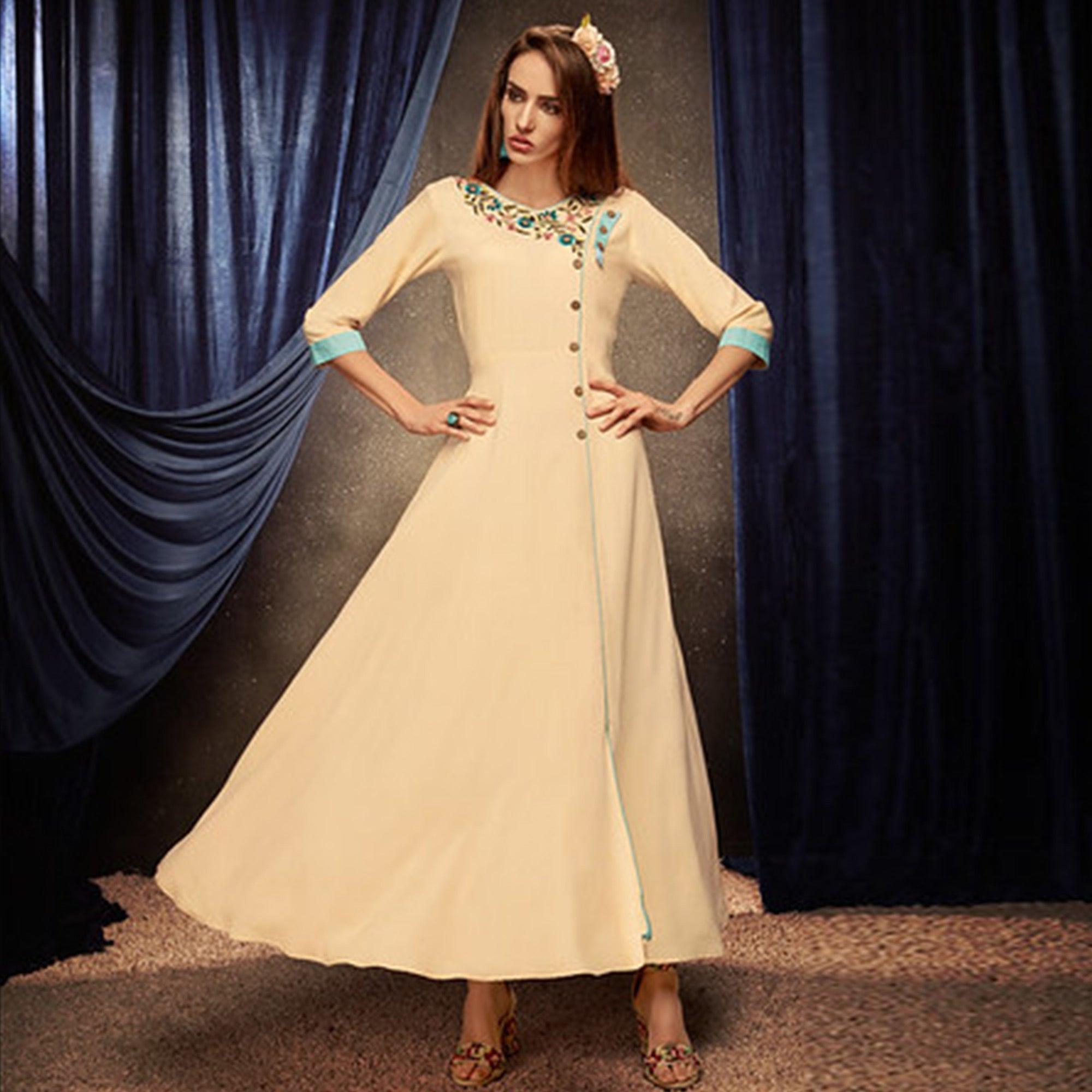 Peachmode Seller Ethnic Cream Colored Partywear Embroidered Rayon Long Kurti