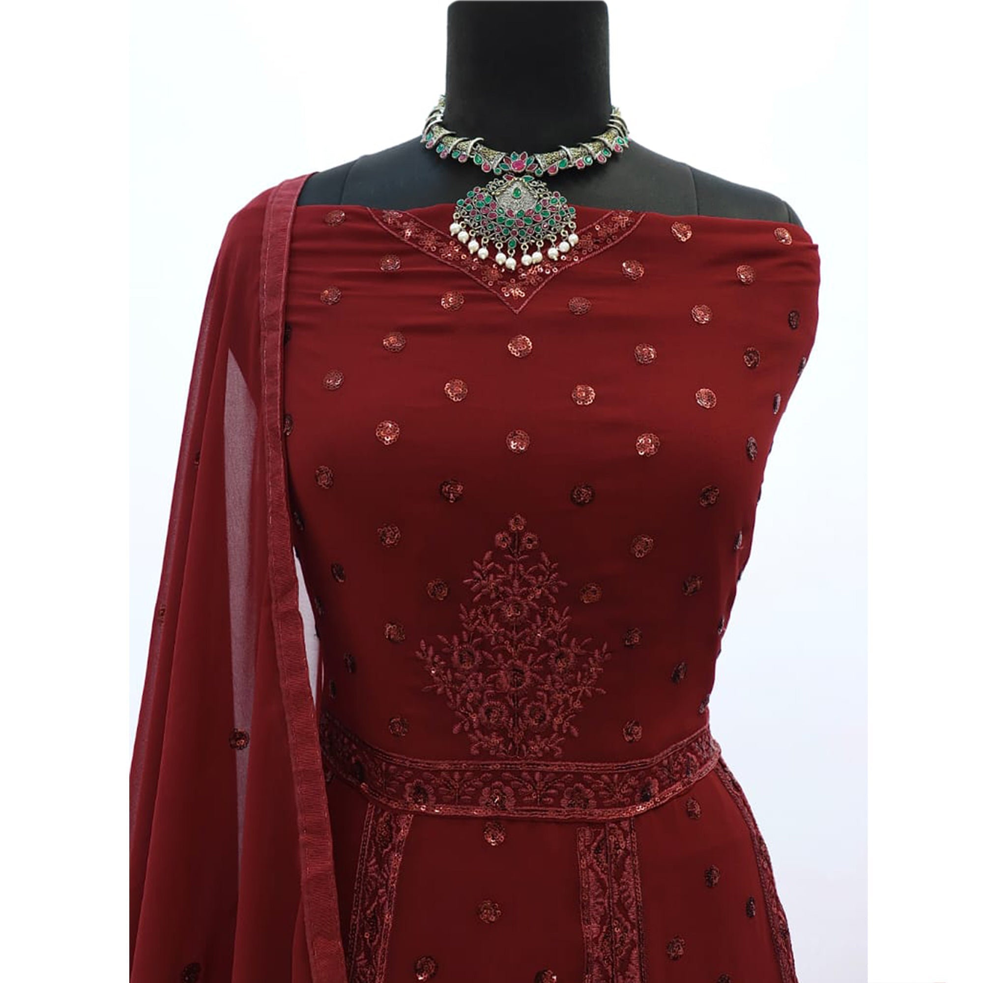 Peachmode Maroon Embroidered Georgette Gown - view 6
