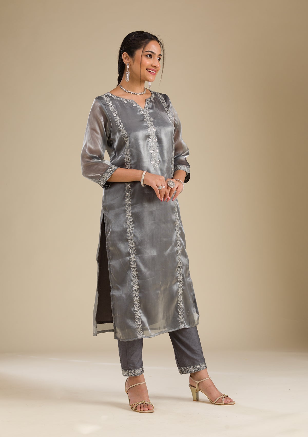 Koskii Grey Zariwork Crepe Readymade Salwar Suit - view 6