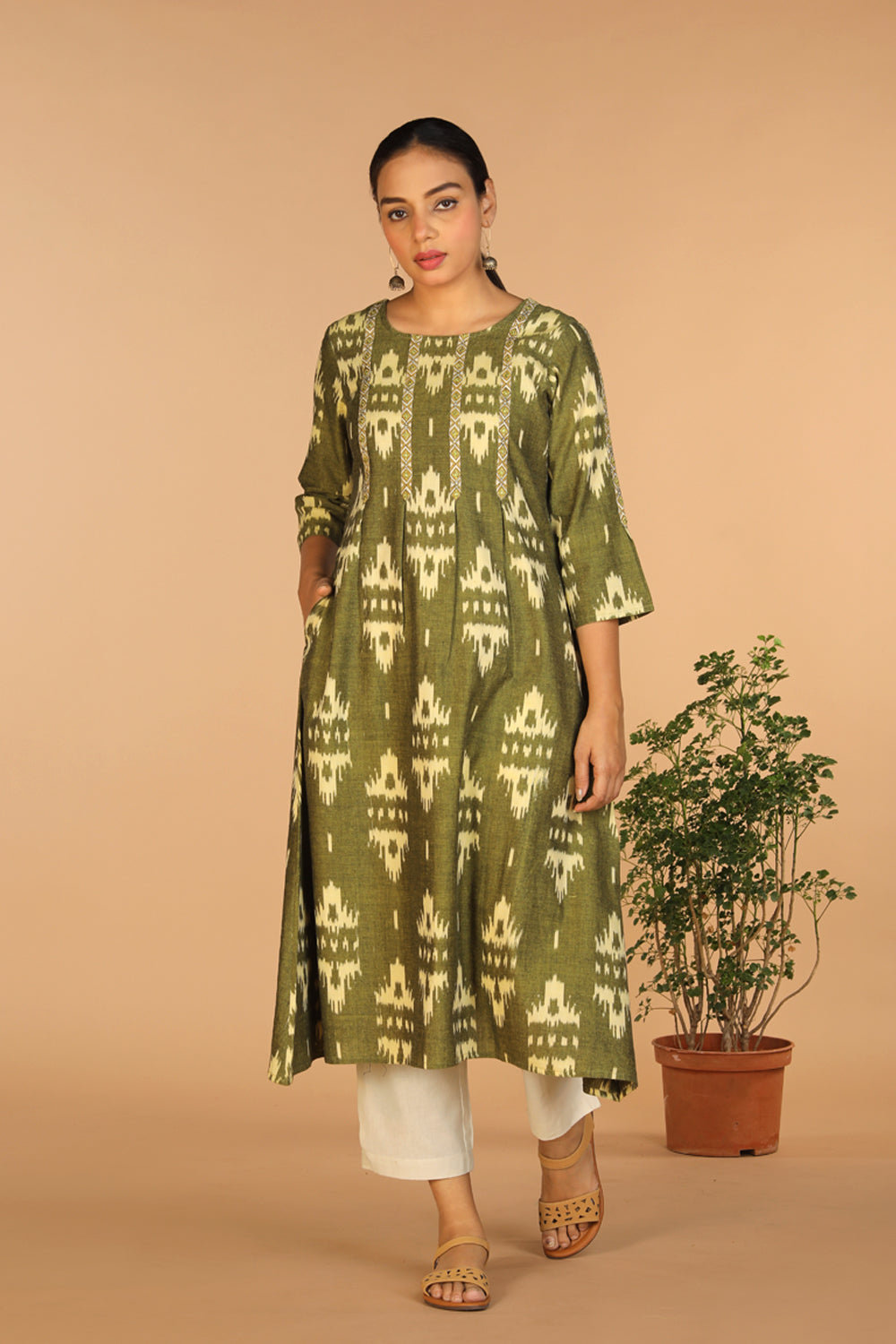 Kalanjali Ethnics Cotton Ikat kurti – Women's, OLIVE GREEN