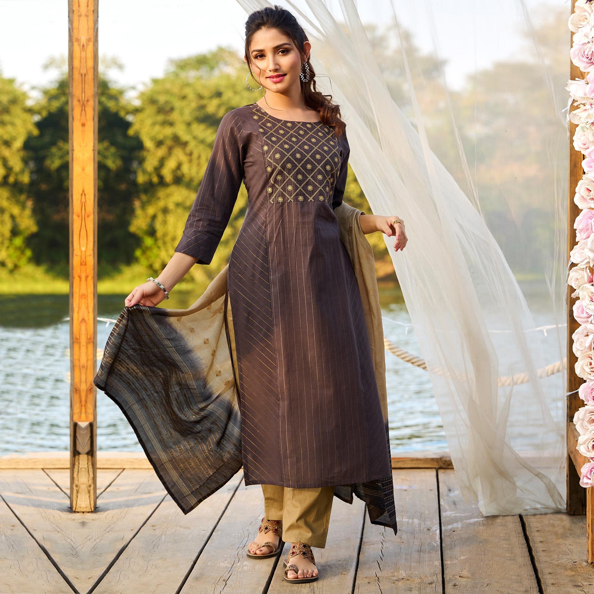 Peachmode Seller Brown Embroidered Pure Cotton Kurti Pant Set With Dupatta