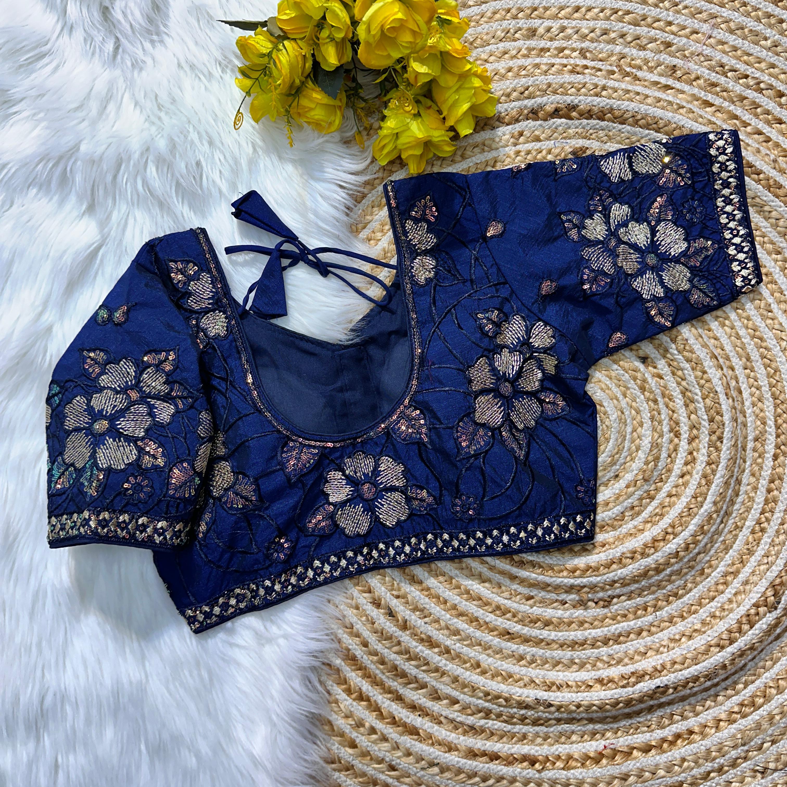 ClothsVilla Royal Blue Soft Silk Blouse with Beautiful Embroidery and Sequence Accents