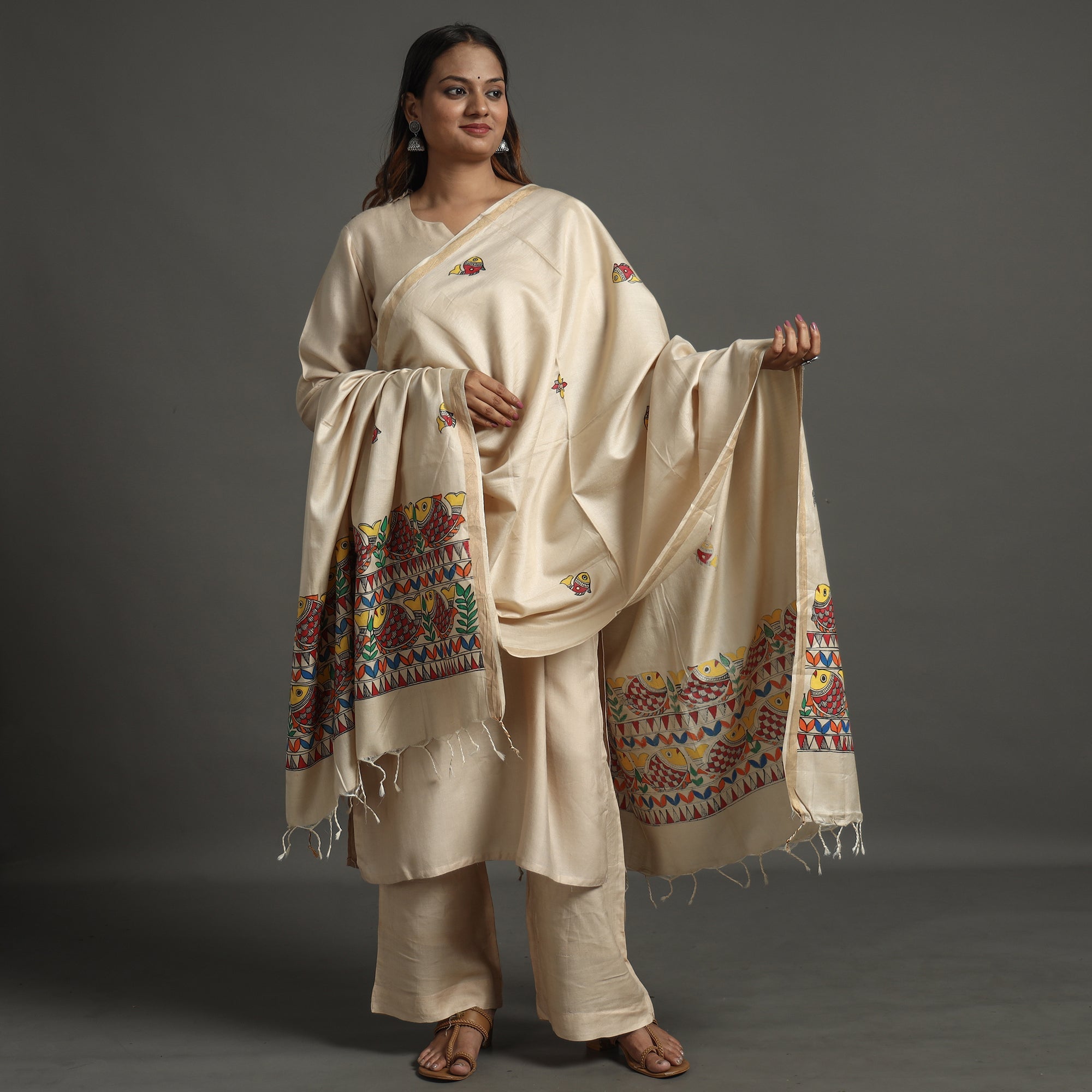 ITOKRI CRAFTS INITIATIVE Beige - Handpainted Tussar Cotton Handloom Madhubani Dupatta 06
