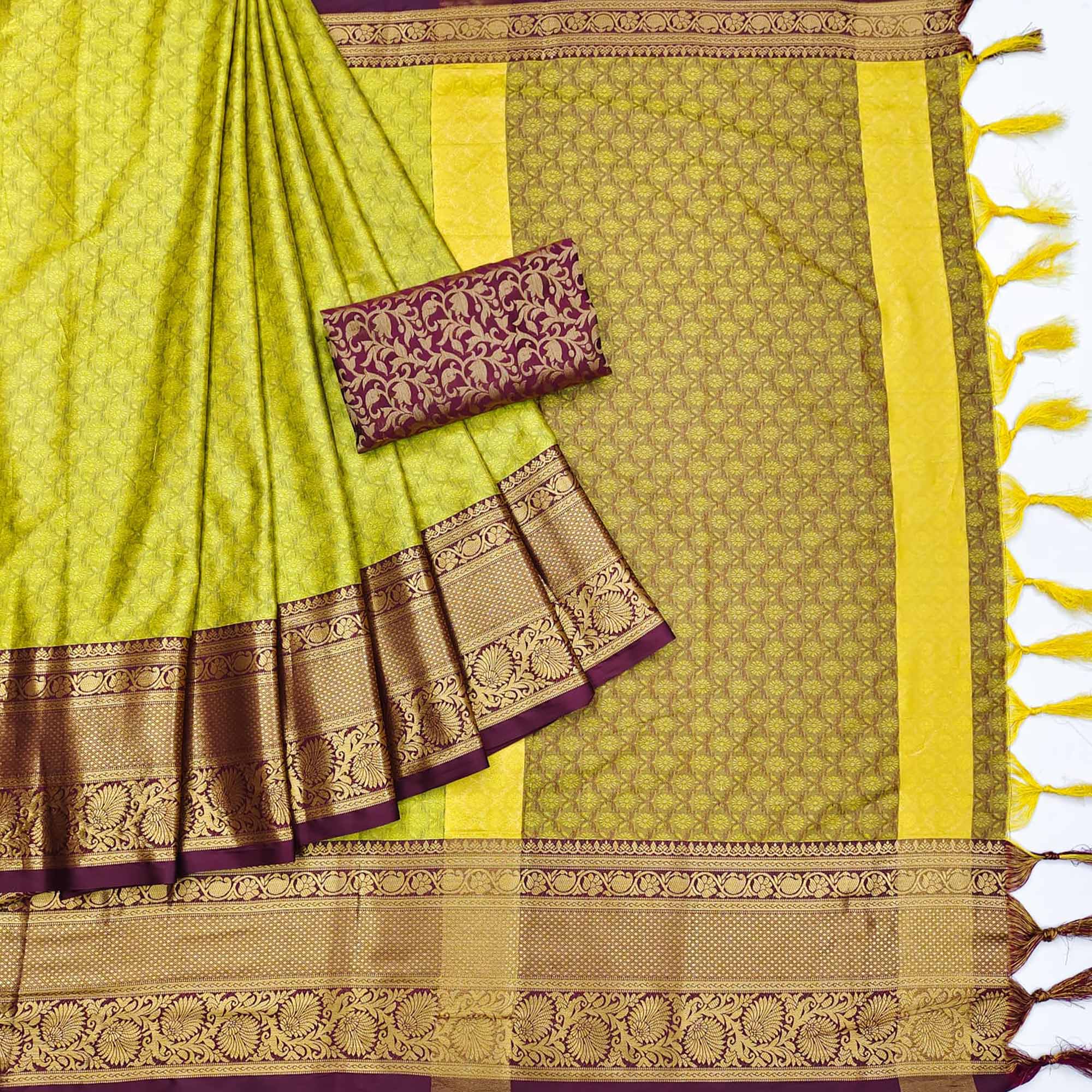 Peachmode Lemon Green Printed And Woven Cotton Silk Saree With Tassels - view 3
