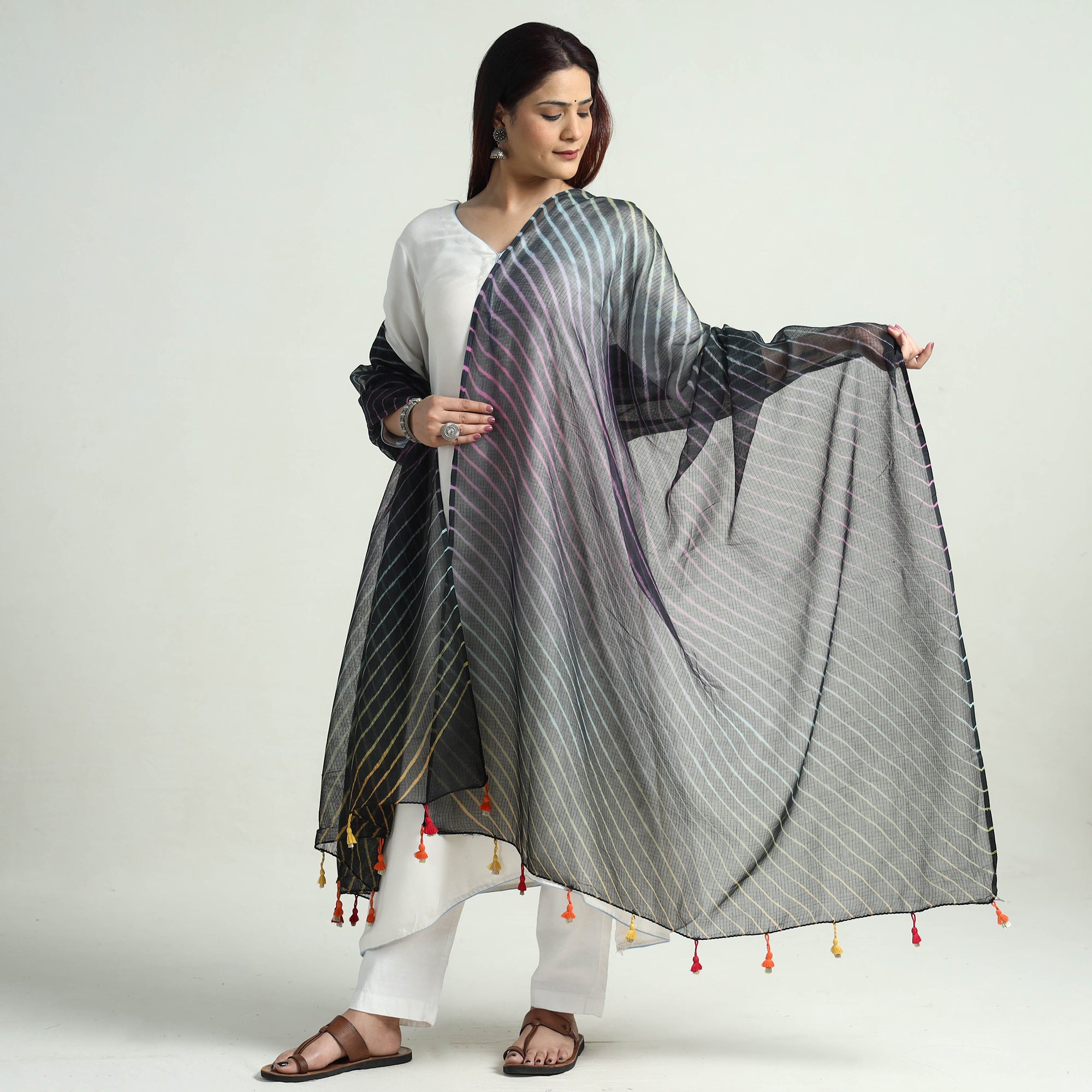 LEHARIYA BY BADSHAH MIYAN Black - Leheriya Tie-Dye Kota Doria Cotton Dupatta with Tassels 62