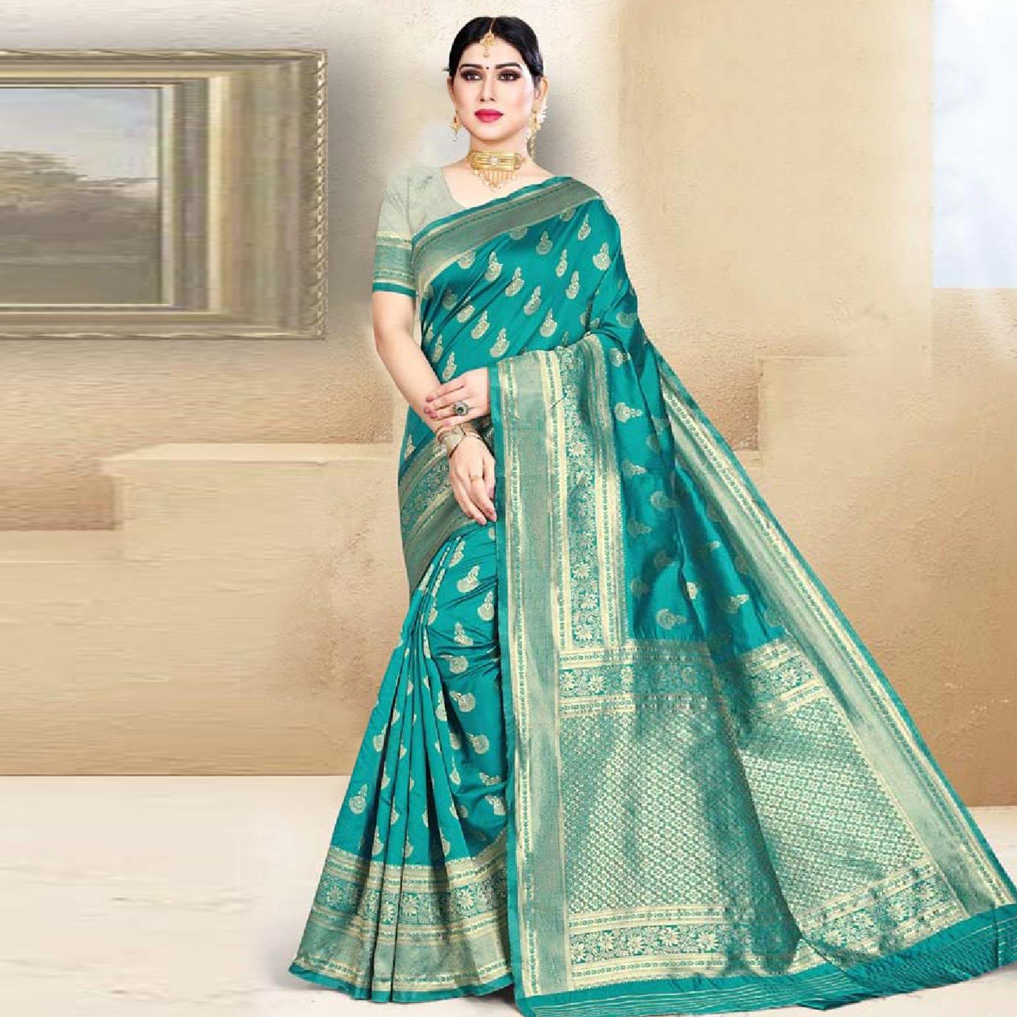 Peachmode Exotic Turquoise Green Colored Festive Wear Woven Art Silk Saree