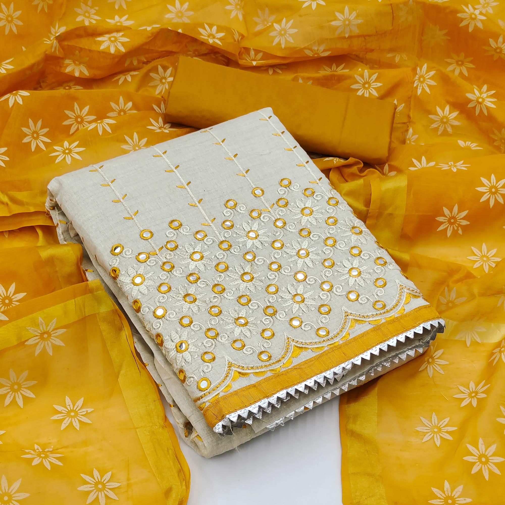 Peachmode Cream - Gold Festive Wear Embroidery With Mirror Work Cotton Dress Material