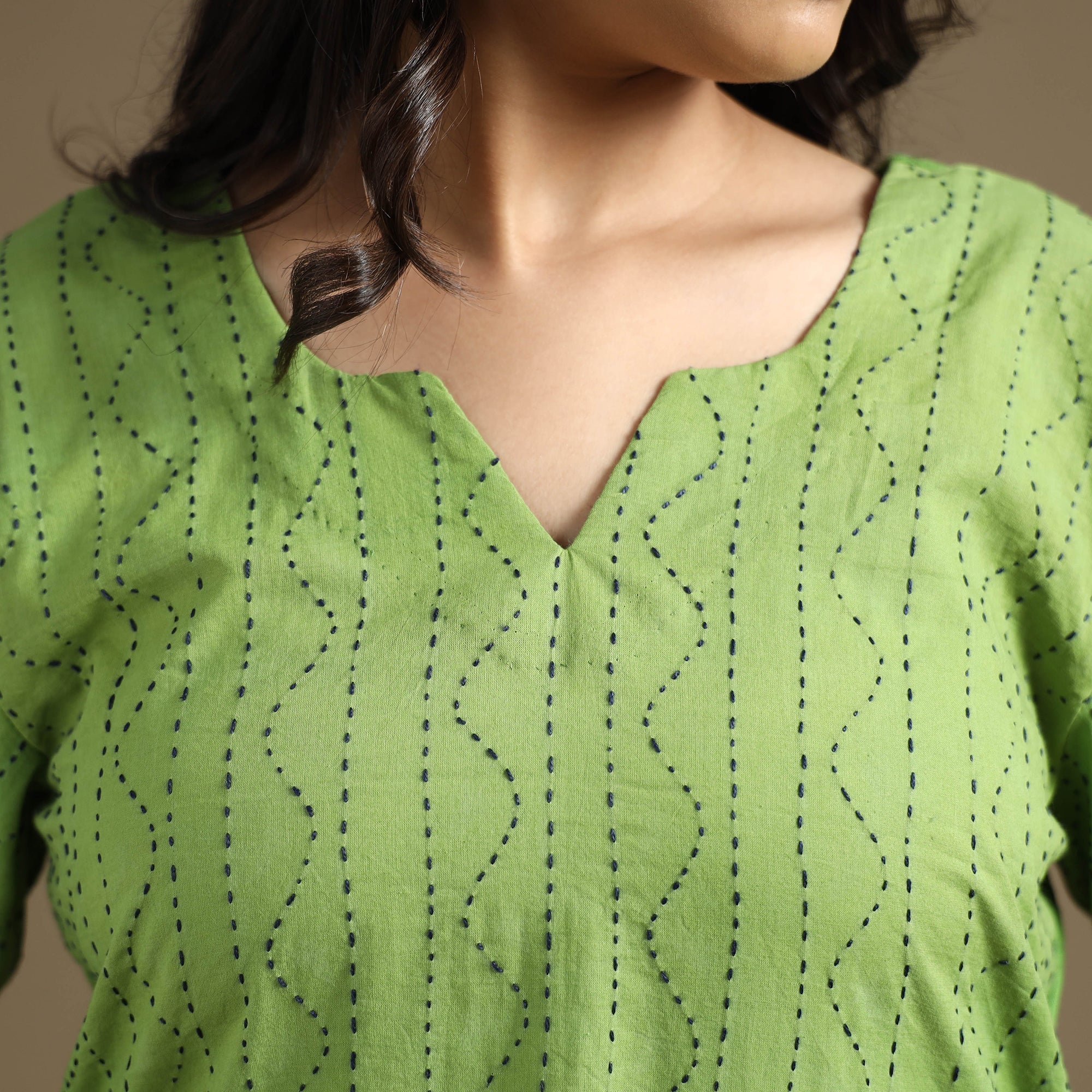 ITOKRI CASUALS Apple Green Plain Cotton Tagai Work Long Kurta - view 4
