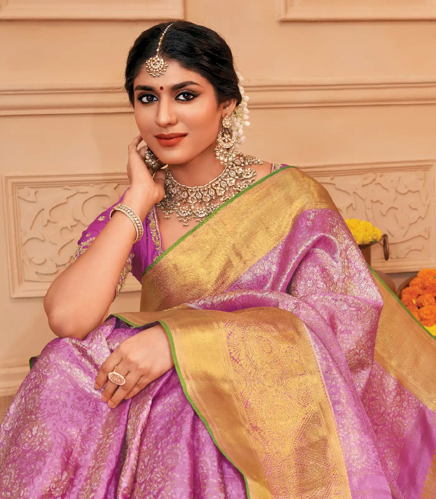 RmKV Silks Bubblegum Pink Handloom Kanchipuram Silk Saree With Floral Zari Motifs