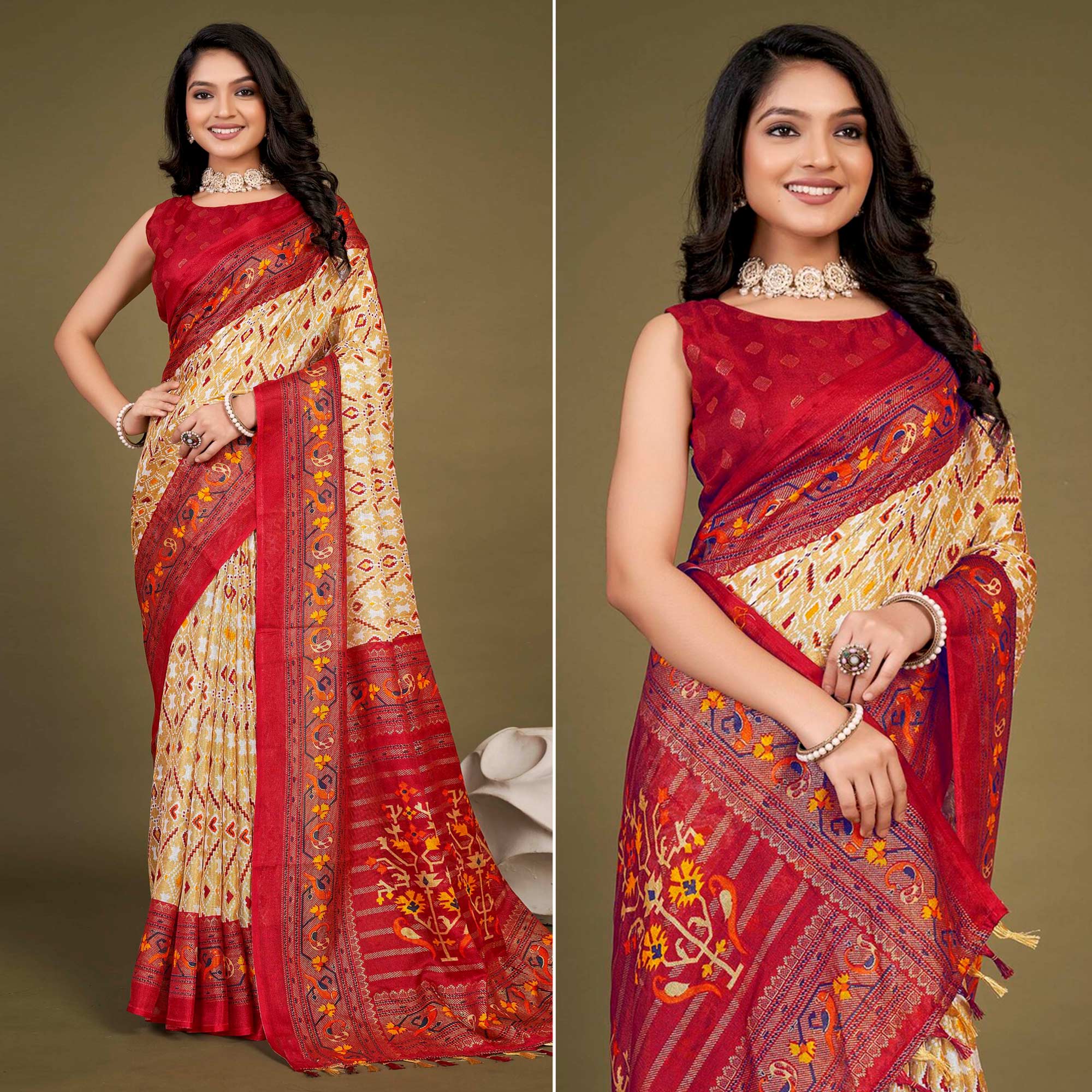 Peachmode Cream Printed Jute Patola Saree With Tassels