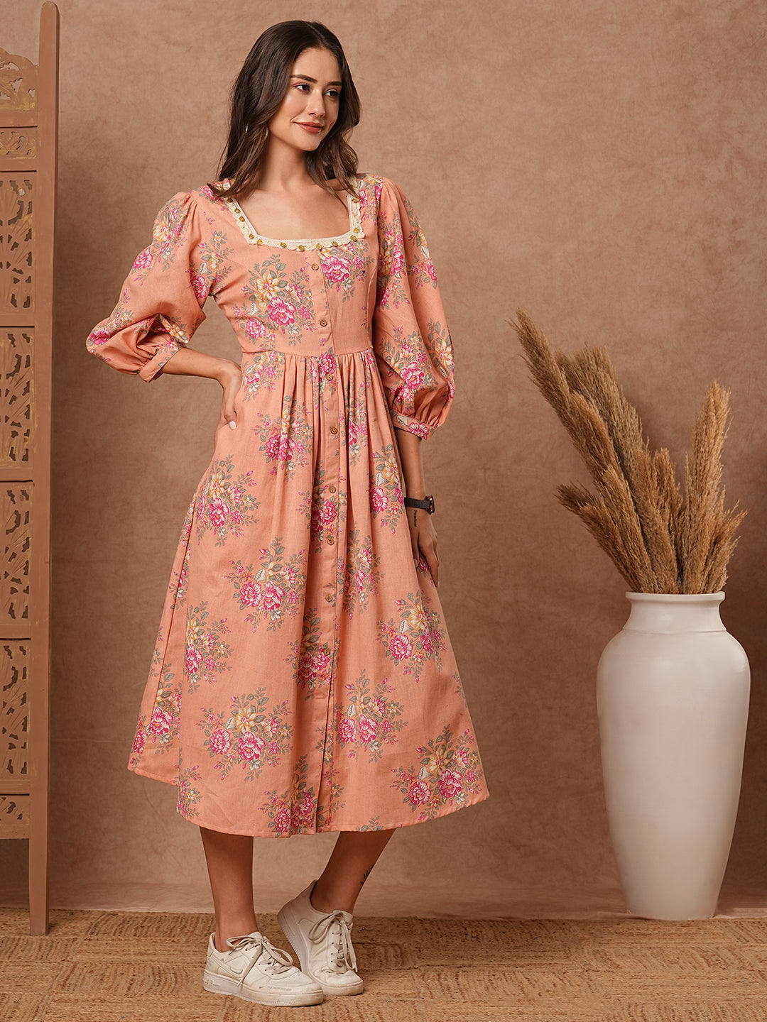 Fashor Floral Foil Printed A-Line Pleated Midi Dress - Peach - view 5
