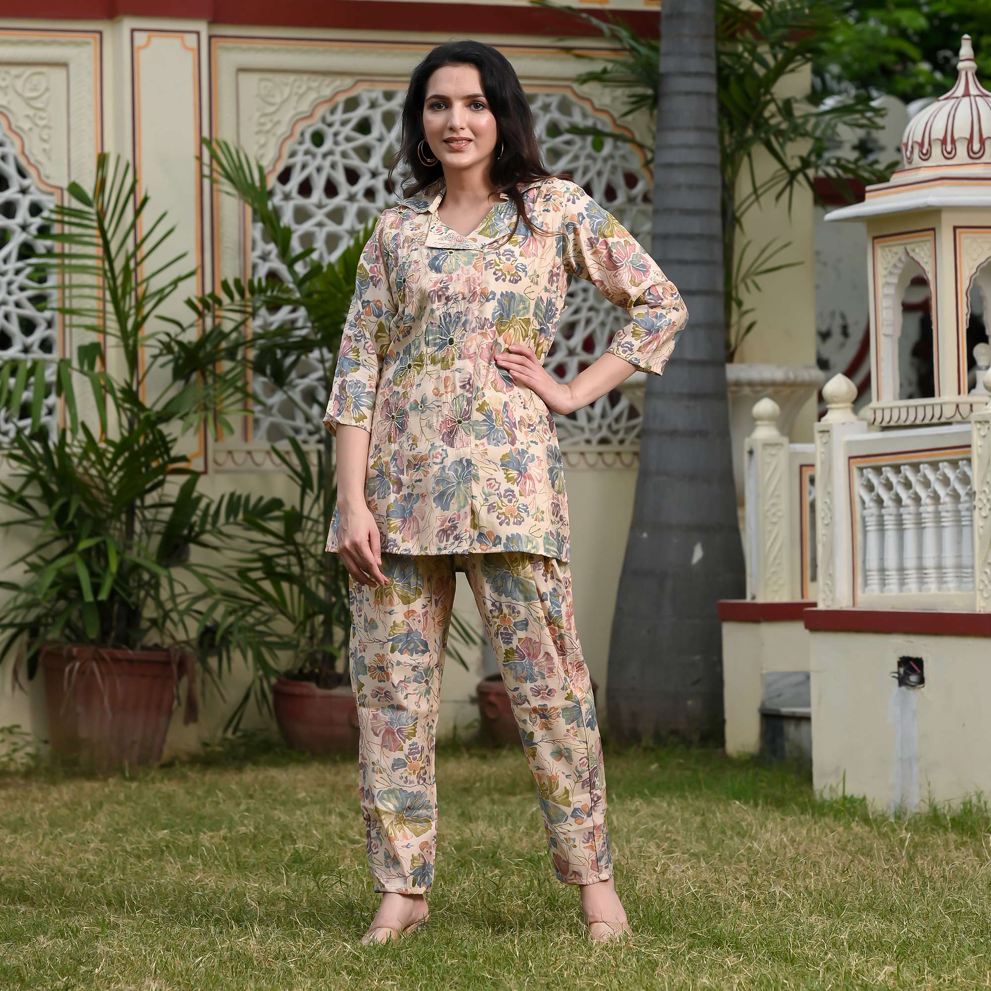 Peachmode Cream Floral Printed Muslin Co Ord Set - view 2