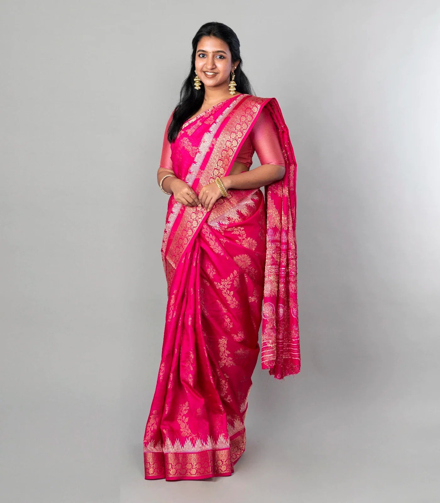 RmKV Hot Pink Woven Dola Synthetic Saree With Floral Motifs
