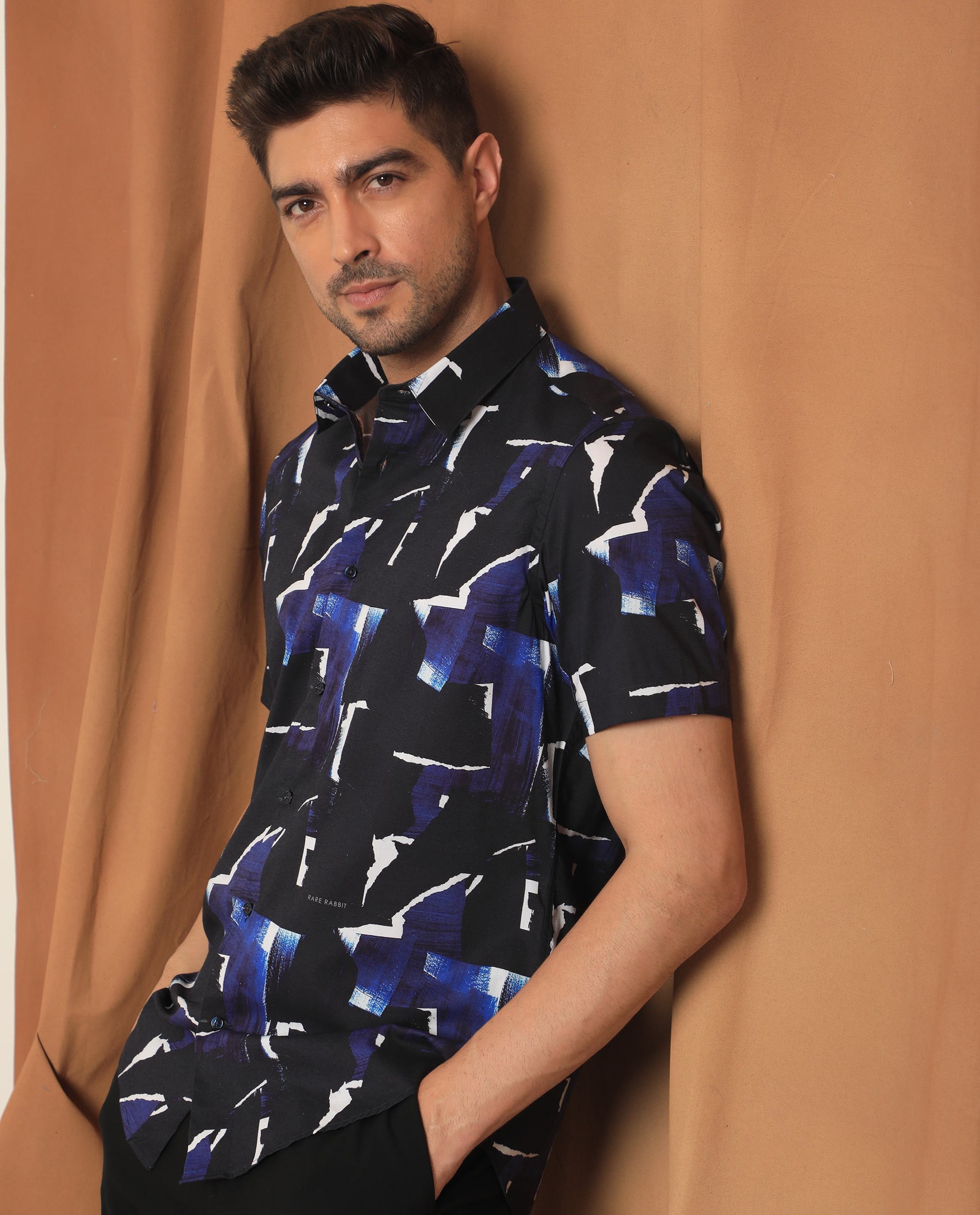 Rare Rabbit Men's Canva Blue Viscose Fabric Geometric Print Half Sleeves Shirt - view 6