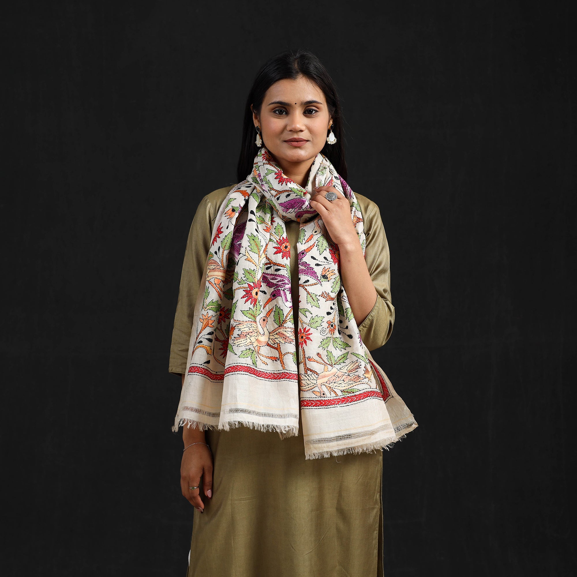KHUSHBASH - HAPPY LOOM OF EAST Beige - Handloom Tussar Silk Bengal Kantha Work Work Stole 49 - view 2