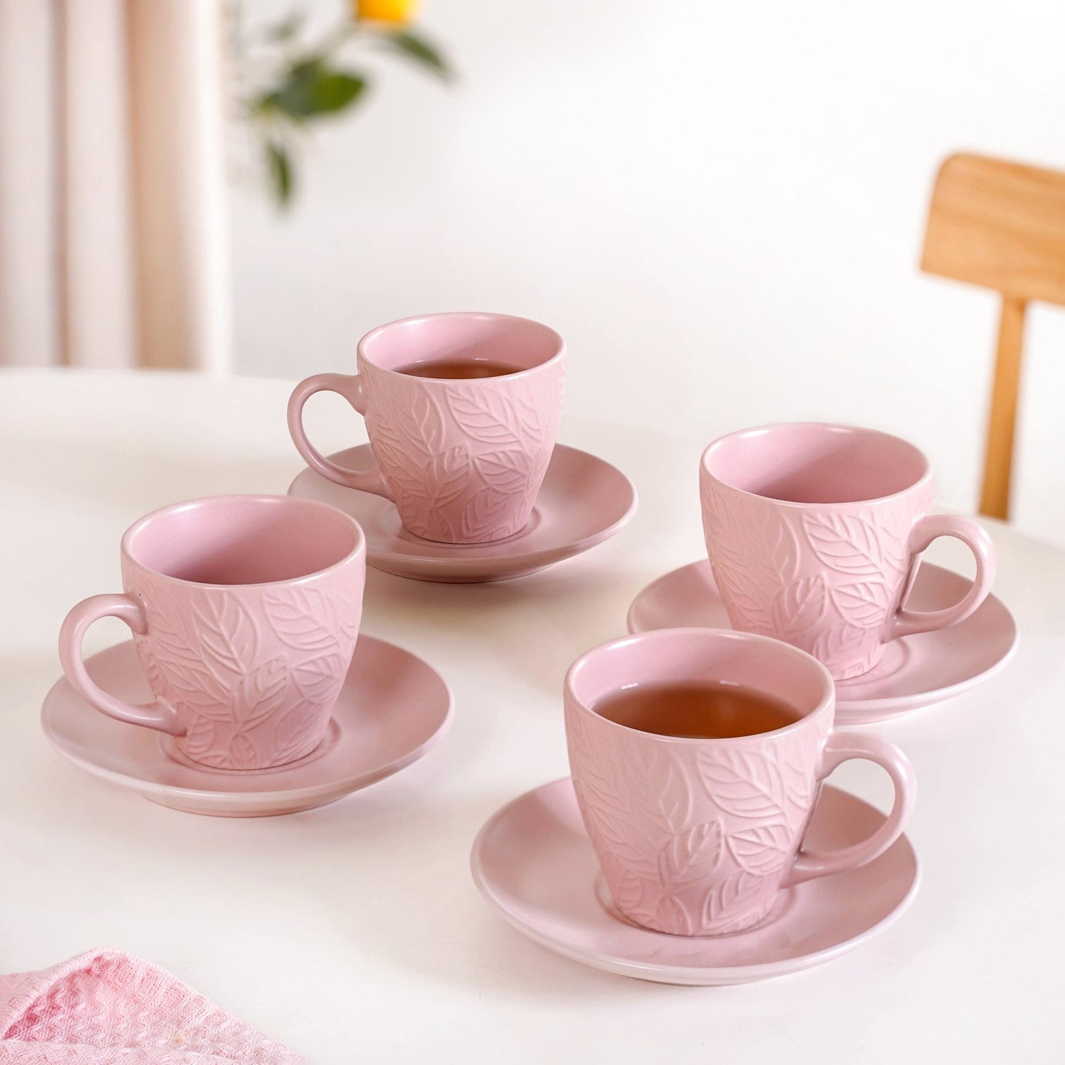 Nestasia Leaf Embossed Cup And Saucer Set Of 4 With Stand 240ml - view 7