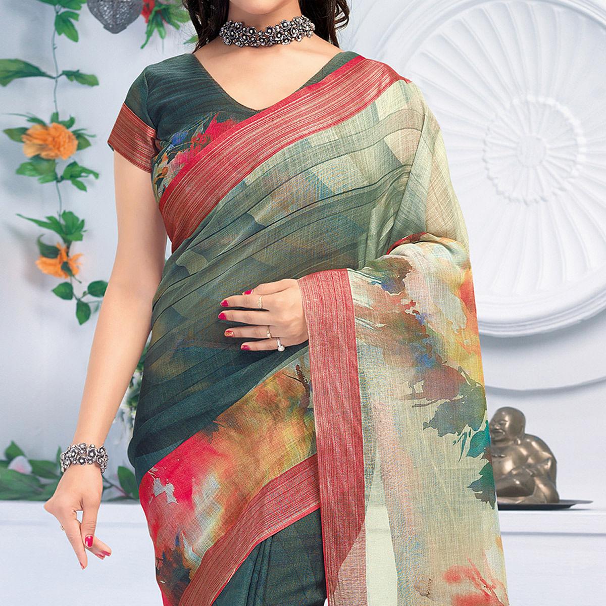 Peachmode Hypnotic Green Colored Casual Wear Printed Pure Linen Saree - view 2