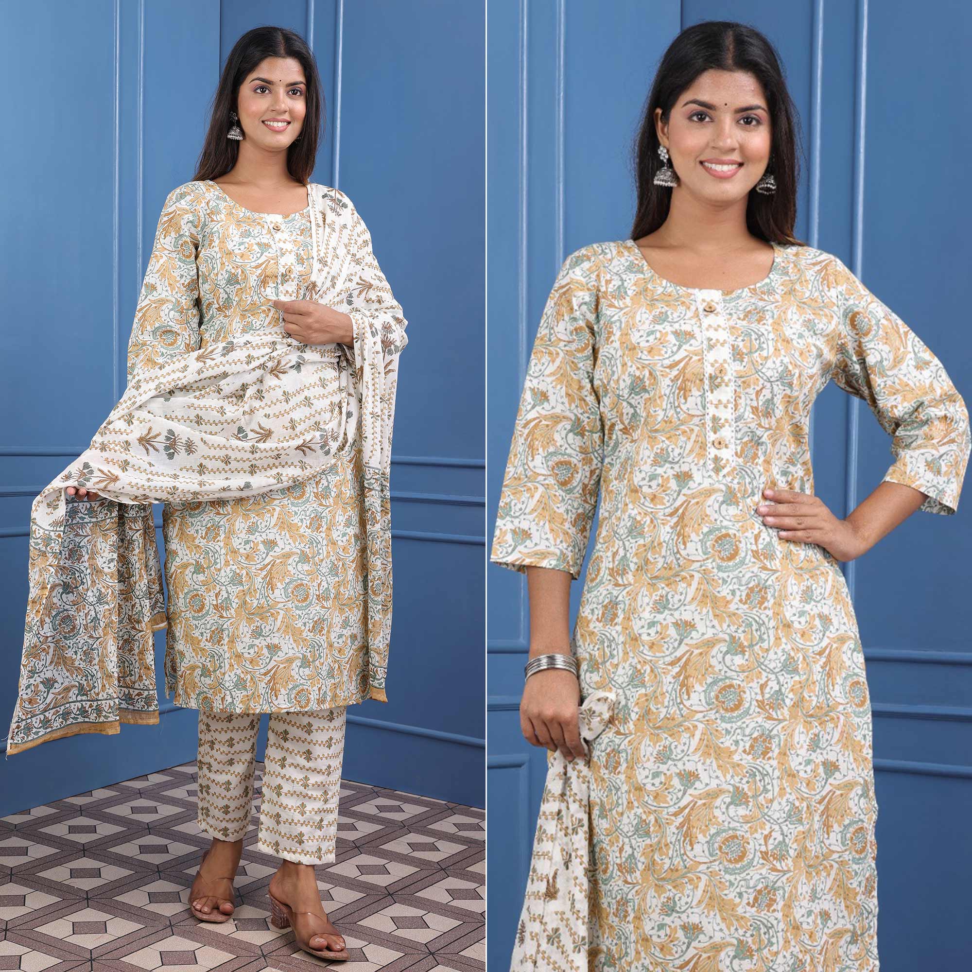 Peachmode Seller Cream And Brown Floral Printed Pure Cotton Suit