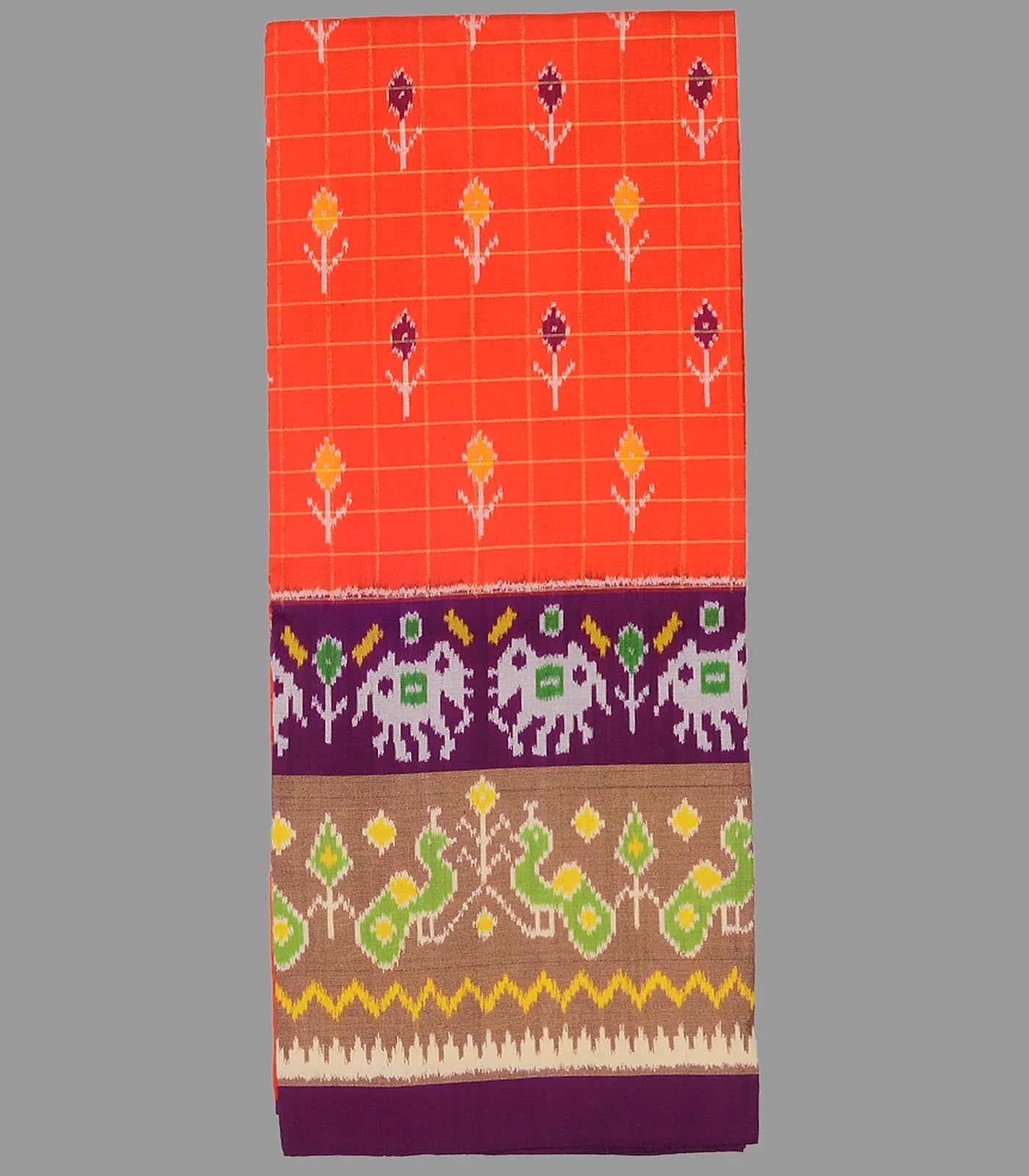 RmKV Peach Handloom Silk Pavadai Material With Checks and Tie & Dye Motifs -Peach