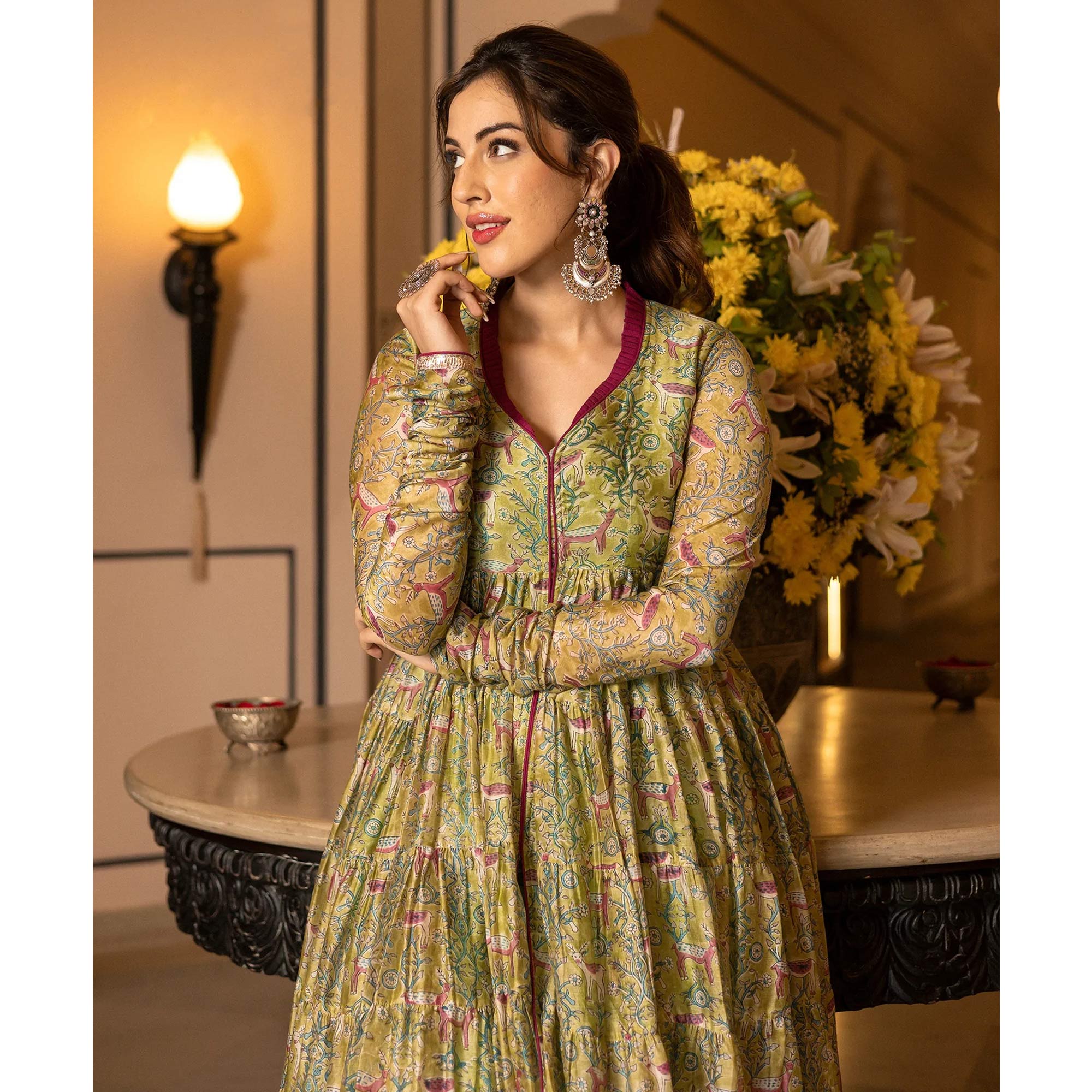 Peachmode Seller Mahendi Green Floral Digital Printed Chanderi Anarkali Style Suit - view 5