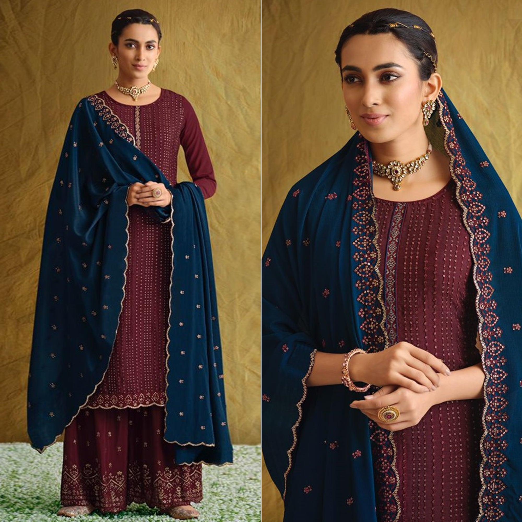 Peachmode Maroon Embroidered Chiffon Palazzo Suit