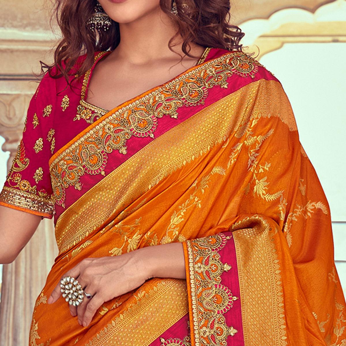 Peachmode Chiku & Orange Wedding Wear Woven & Embroidered Silk Lehenga Choli - view 4