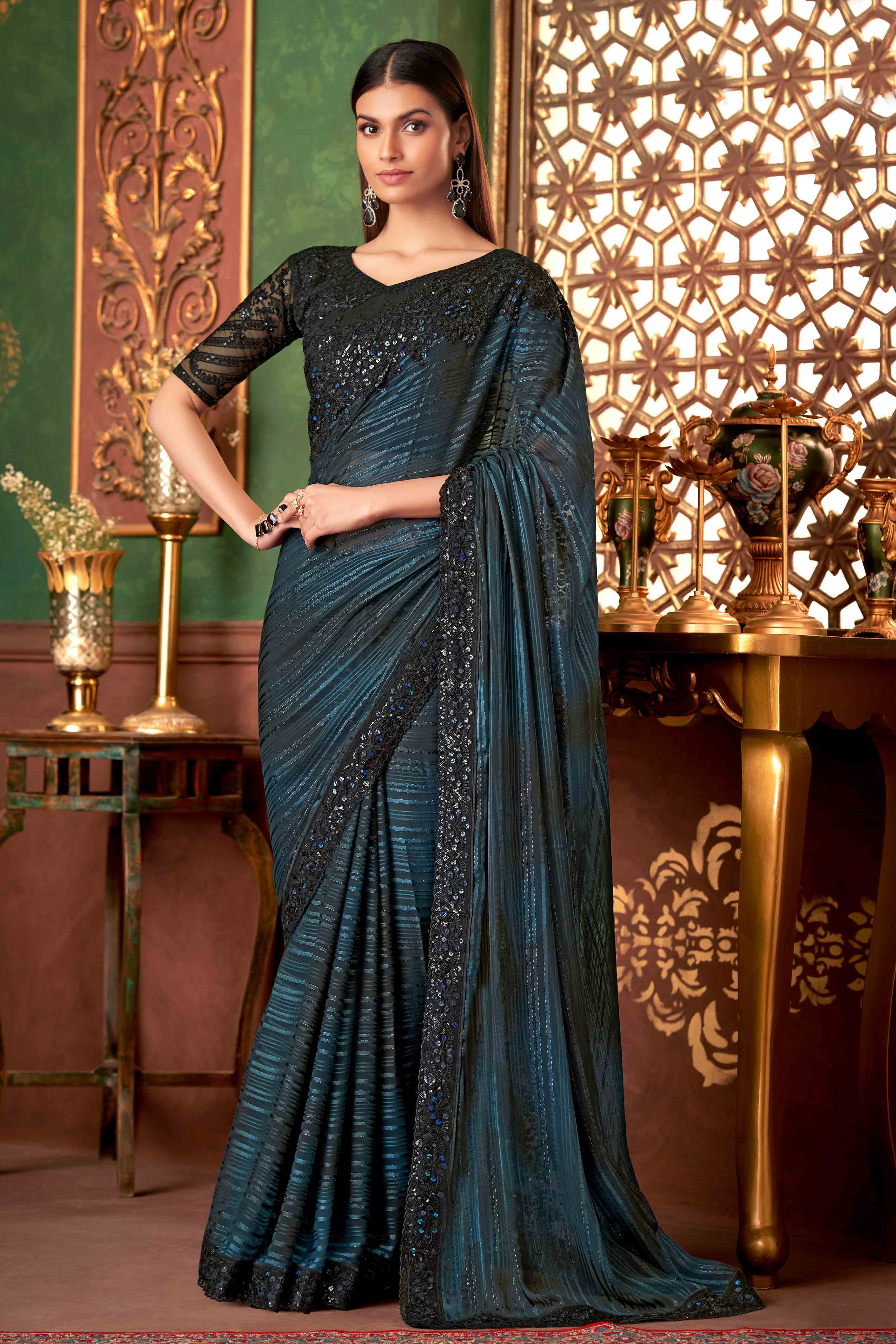Peachmode Morpich Blue Sequins Embroidered Chiffon Saree