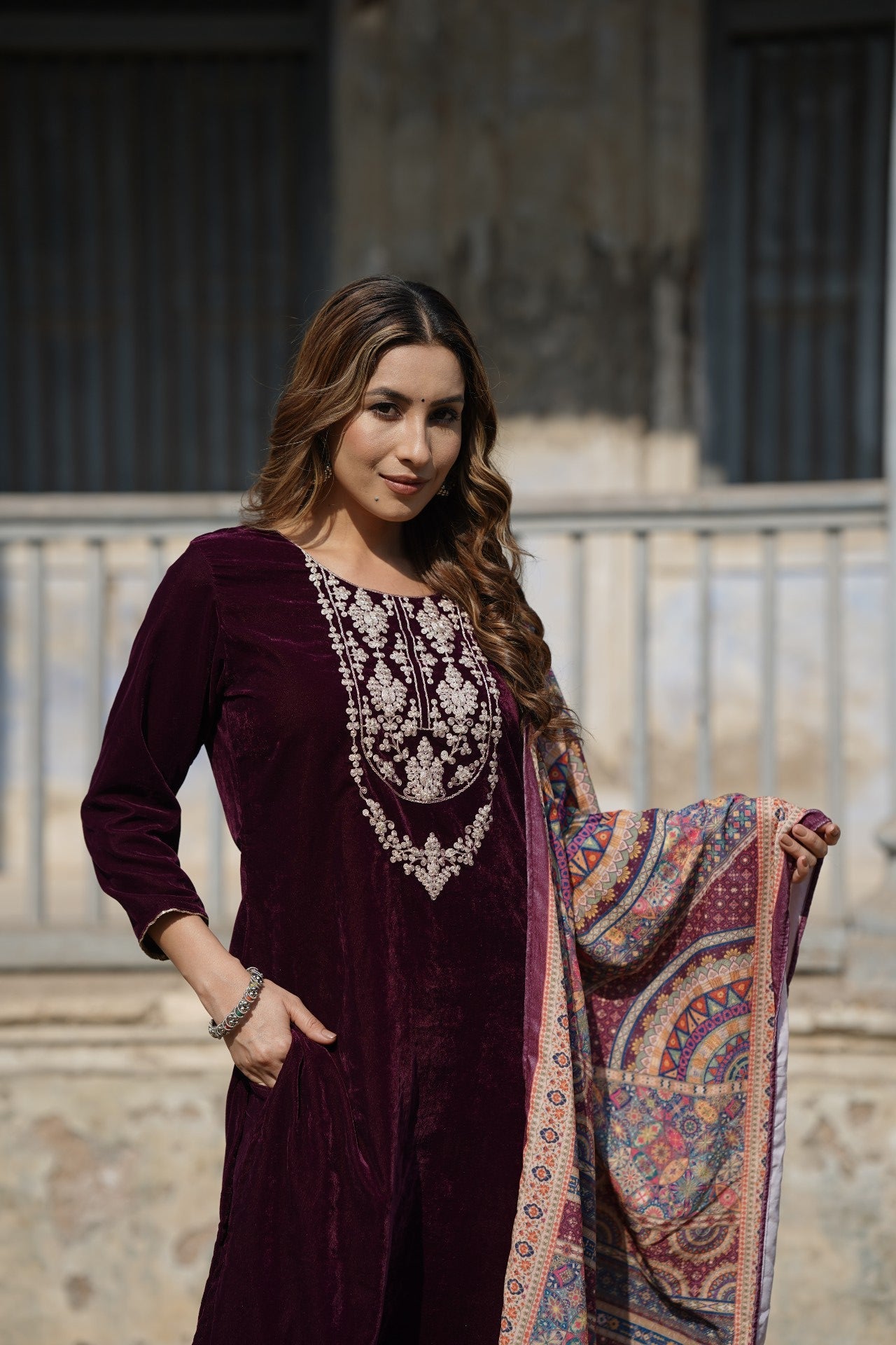 Ahika Burgundy Velvet Straight Kurta Pant With Dupatta PKSKD1766 - view 3